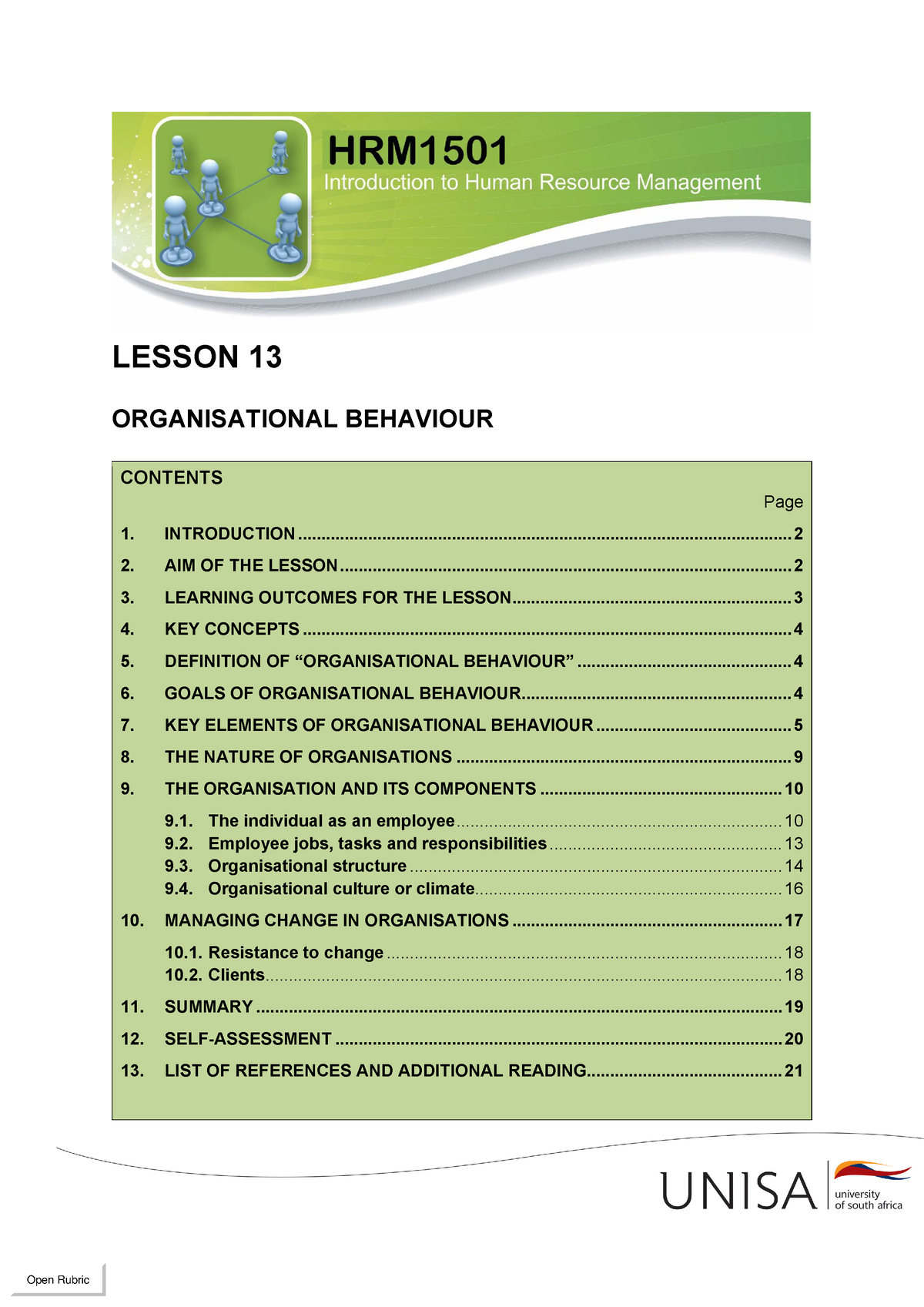 HRM1501 (Lesson 13) - Notes - ORGANISATIONAL BEHAVIOUR CONTENTS LESSON ...