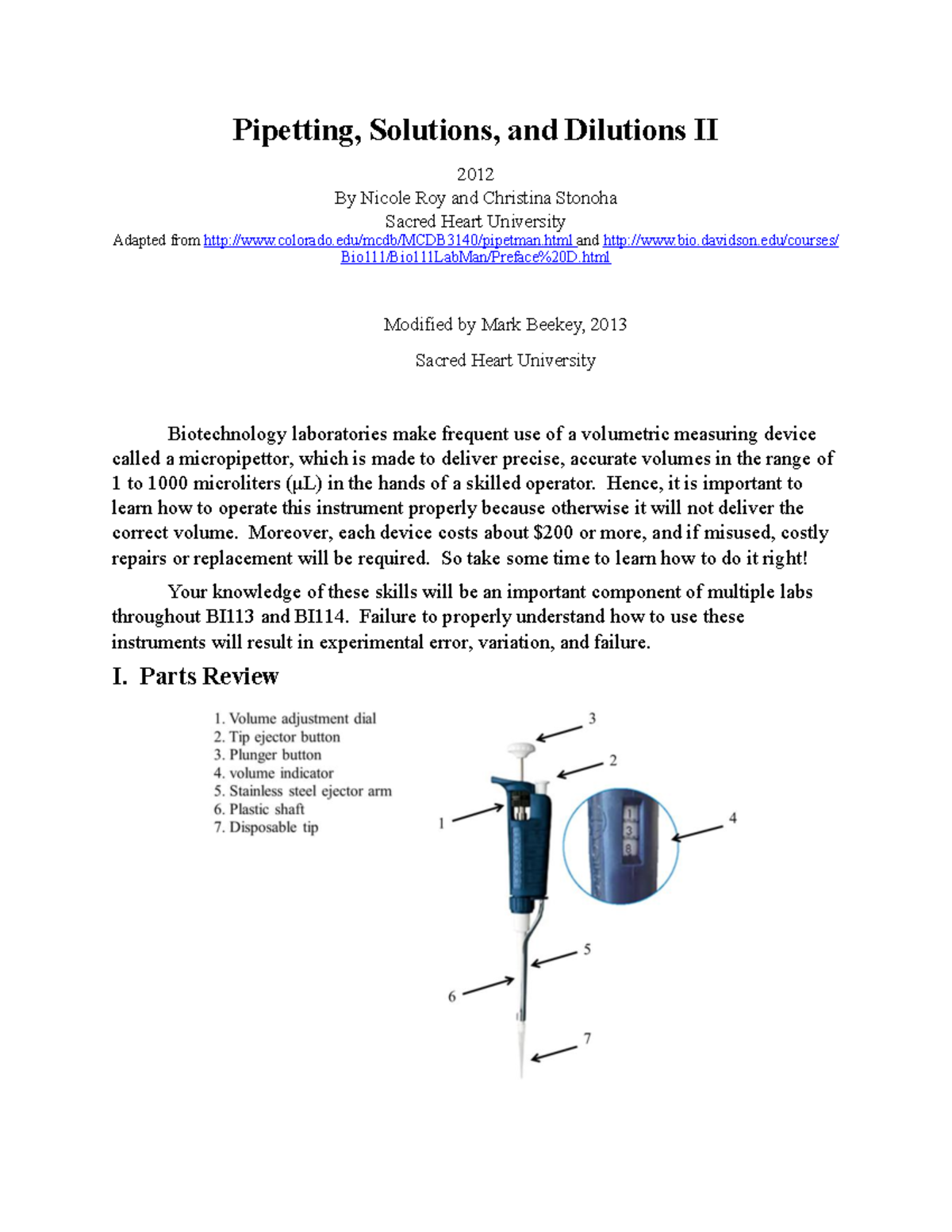 Pipetting Solutions and Dilutions Laboratory 22 Pipetting, Solutions