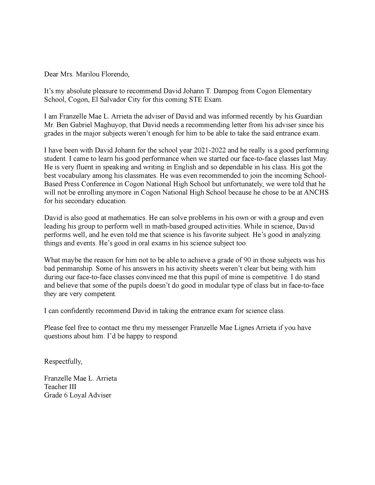 David Johann Recommendation Letter - Dear Mrs. Marilou Florendo, It’s ...