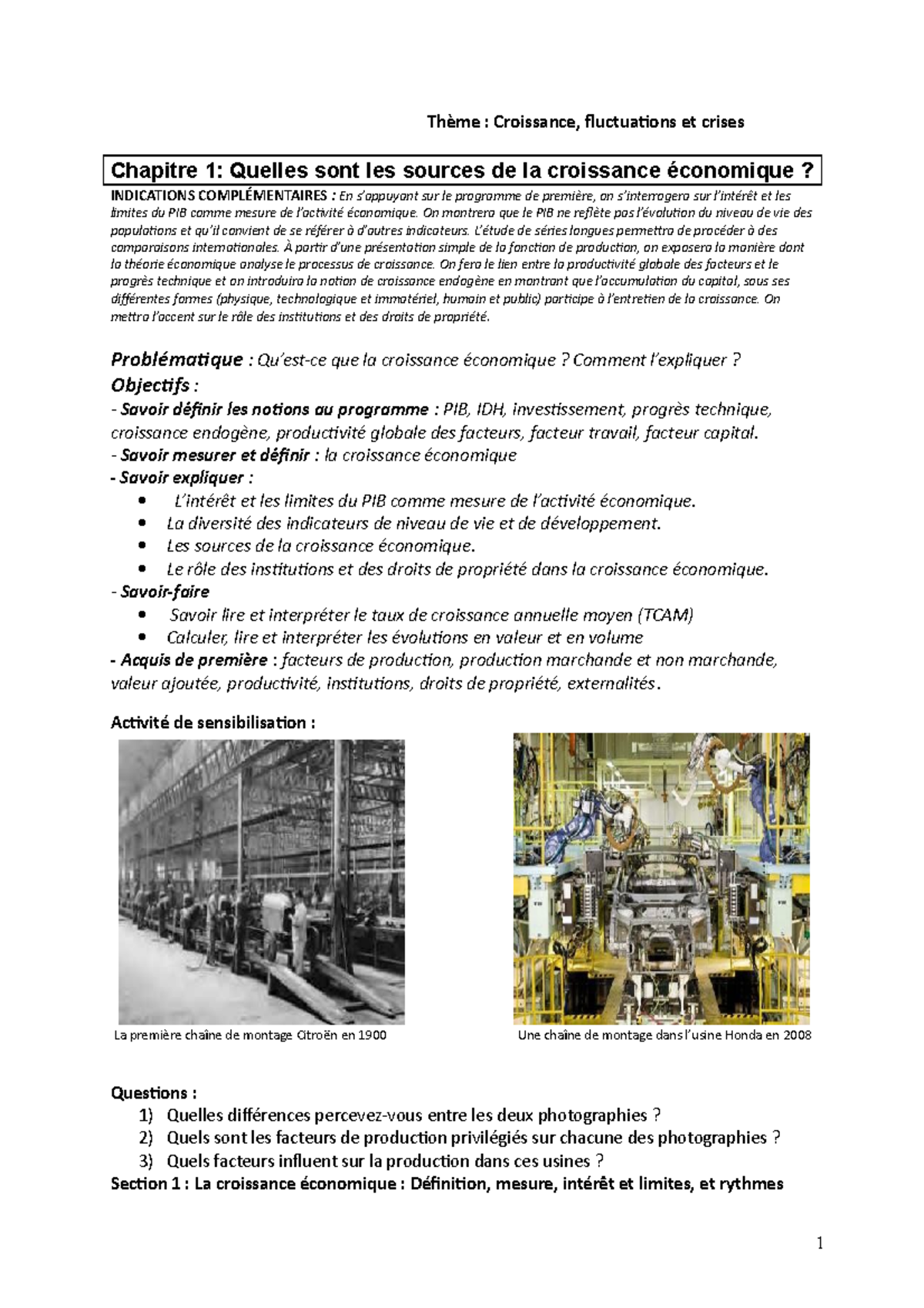 Chapitre 1, Quelles SONT LES Sources DE LA Croissance Economique ...
