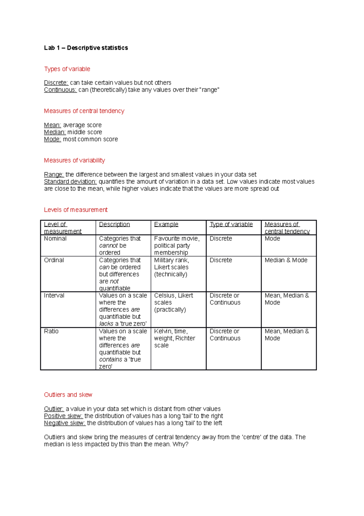 PSYC2009-EXAM- Notes - Lab 1 – Descriptive statistics Types of variable ...