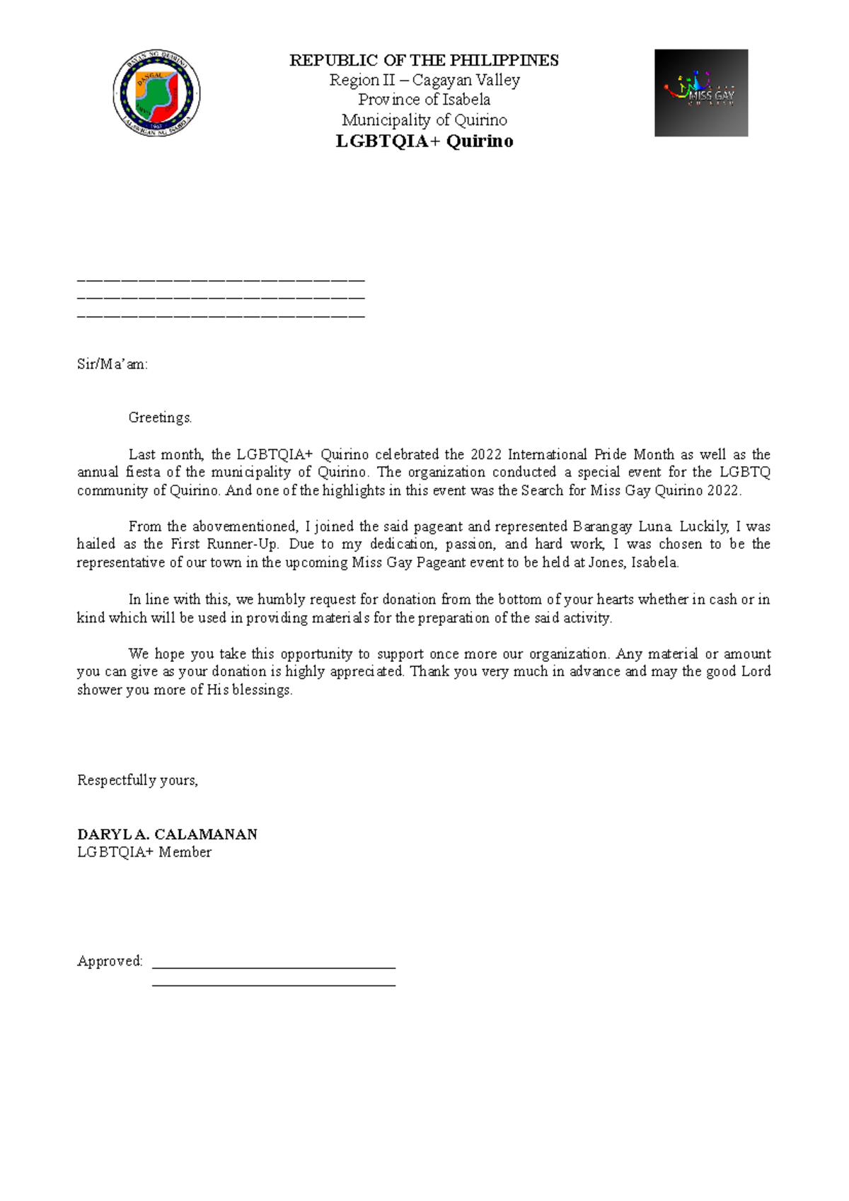 Sample Solicitation Letter For Purok Fiesta