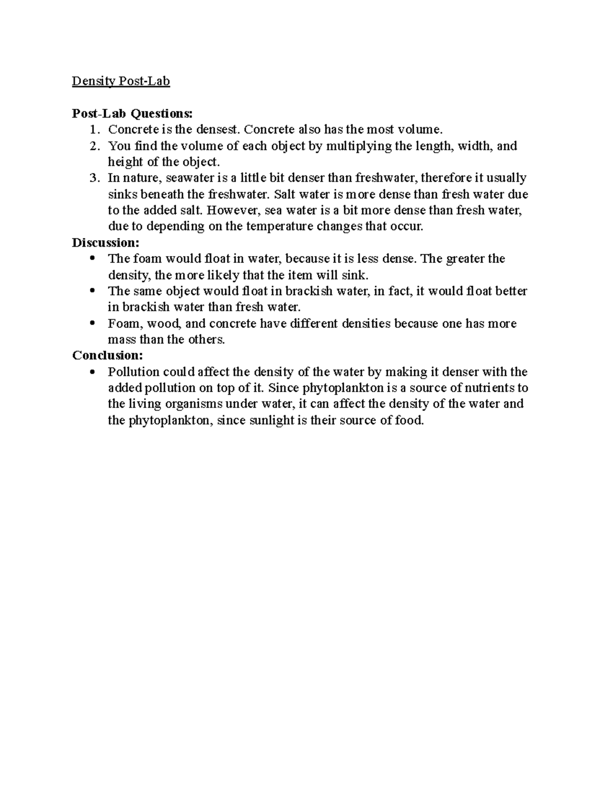 Density PostLab Density PostLab PostLab Questions 1. Concrete is