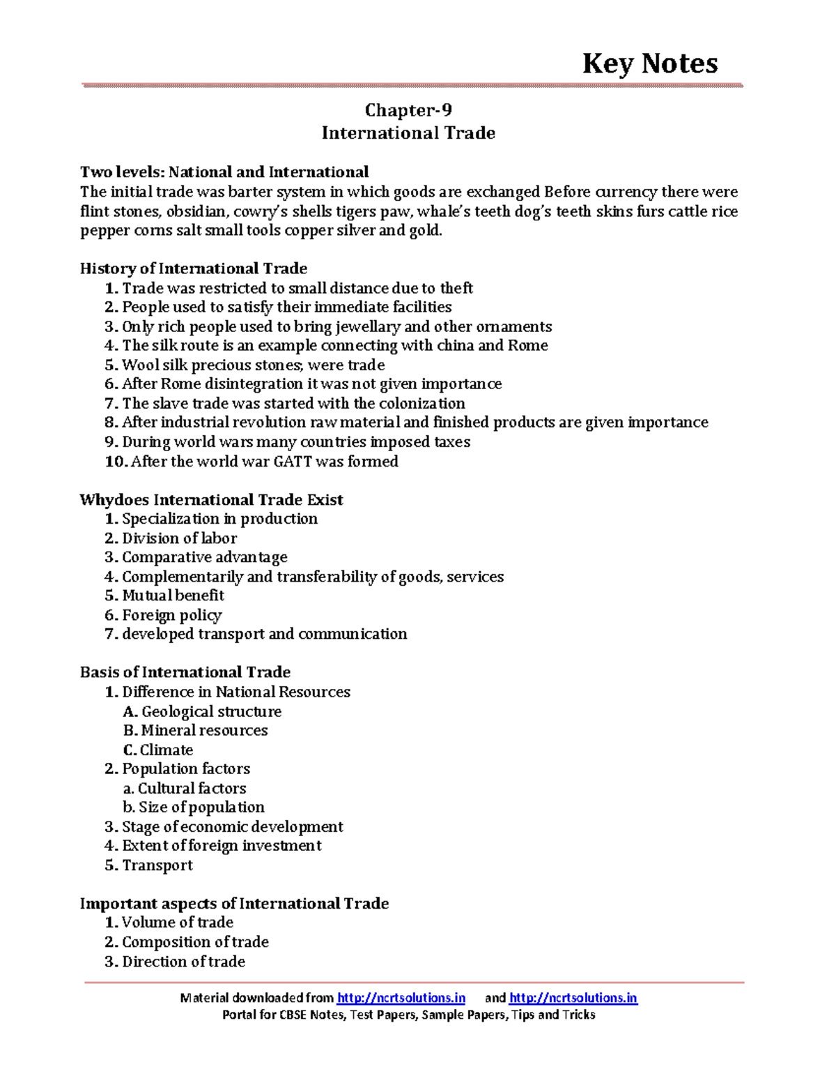 B1 12 geography key notes ch 09 international trade Key Notes