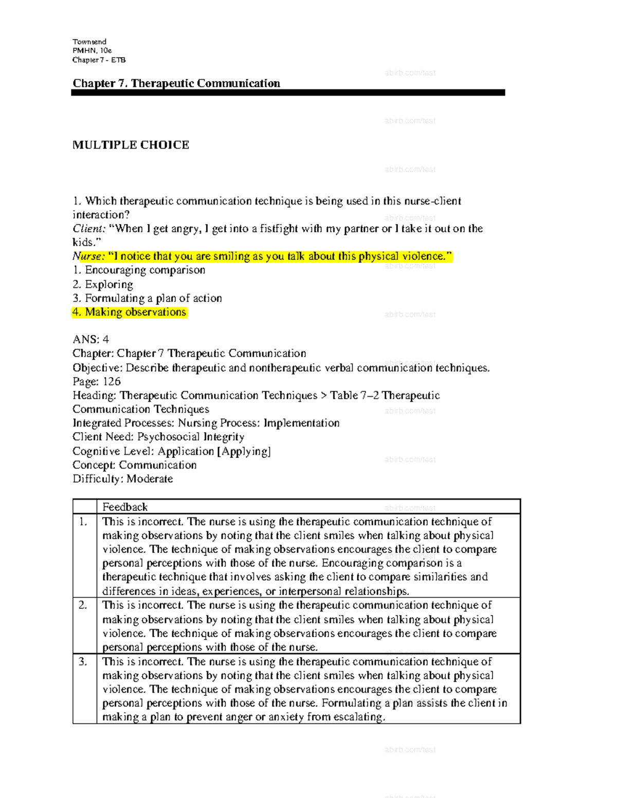 Chapter 7. Therapeutic Communication summary - PMHN, 10e Chapter 7 ...