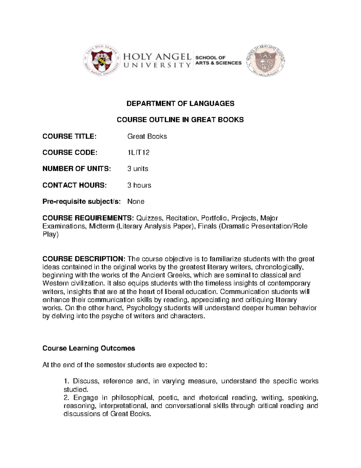 1LIT12 - pdf for first year - DEPARTMENT OF LANGUAGES COURSE OUTLINE IN ...