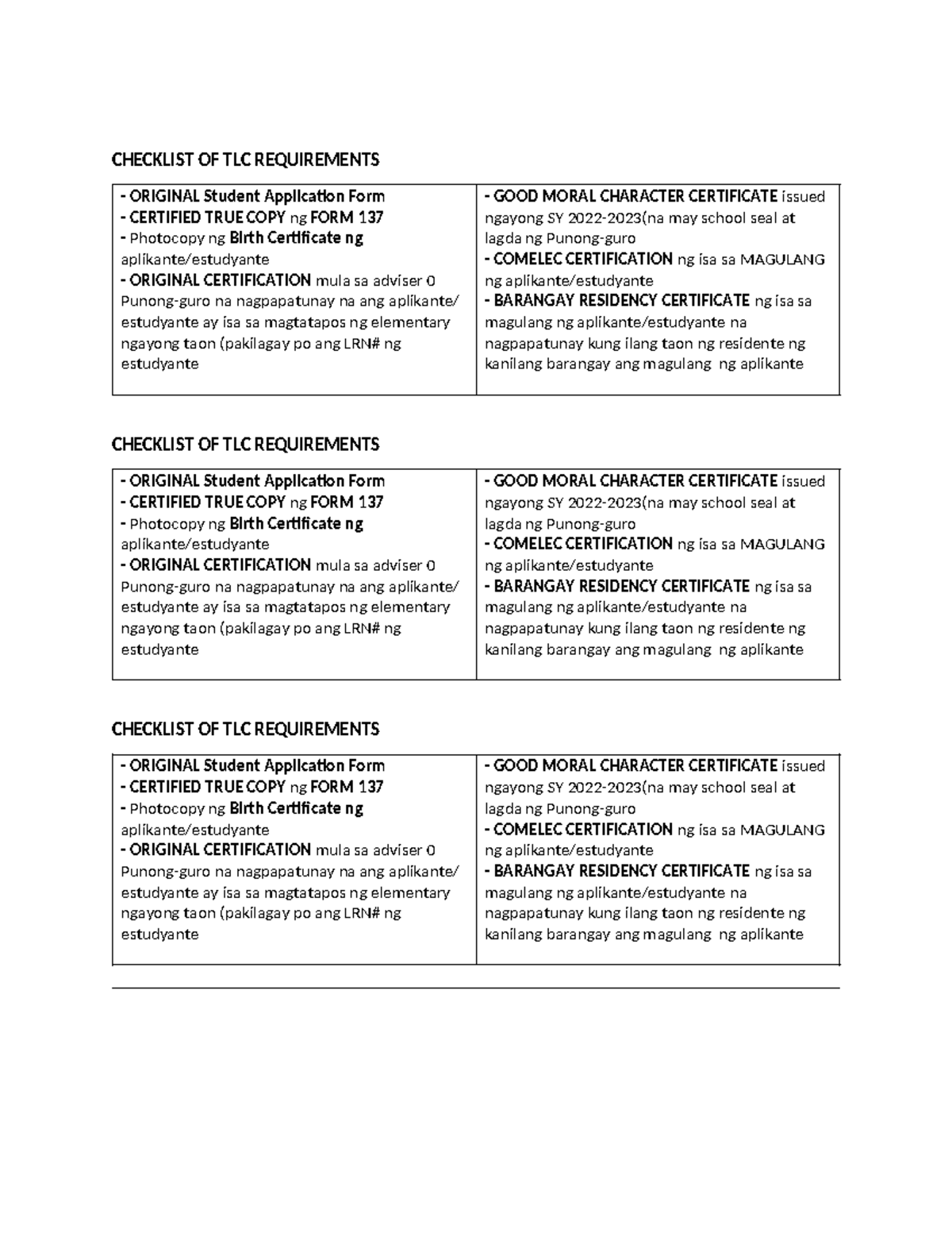 Checklist OF TLC Requirements CHECKLIST OF TLC REQUIREMENTS