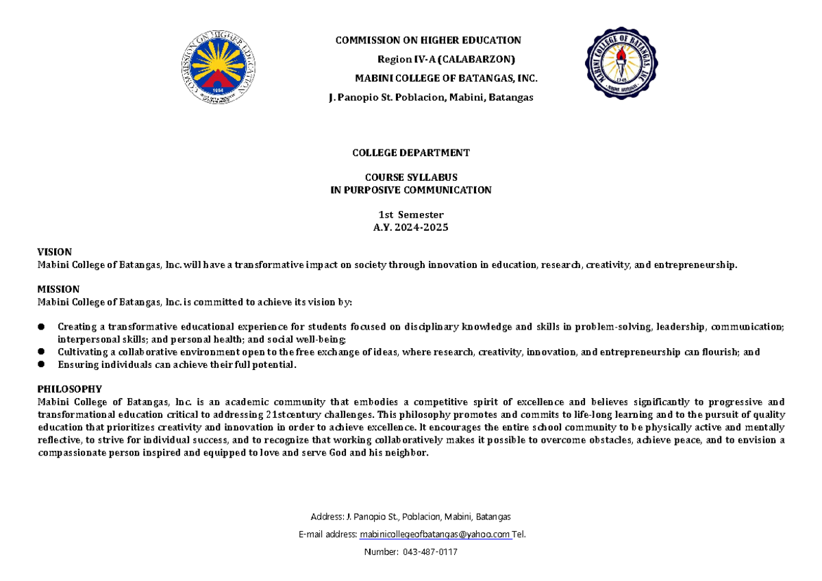 Purposive Communication Syllabus - Address: J. Panopio St., Poblacion ...