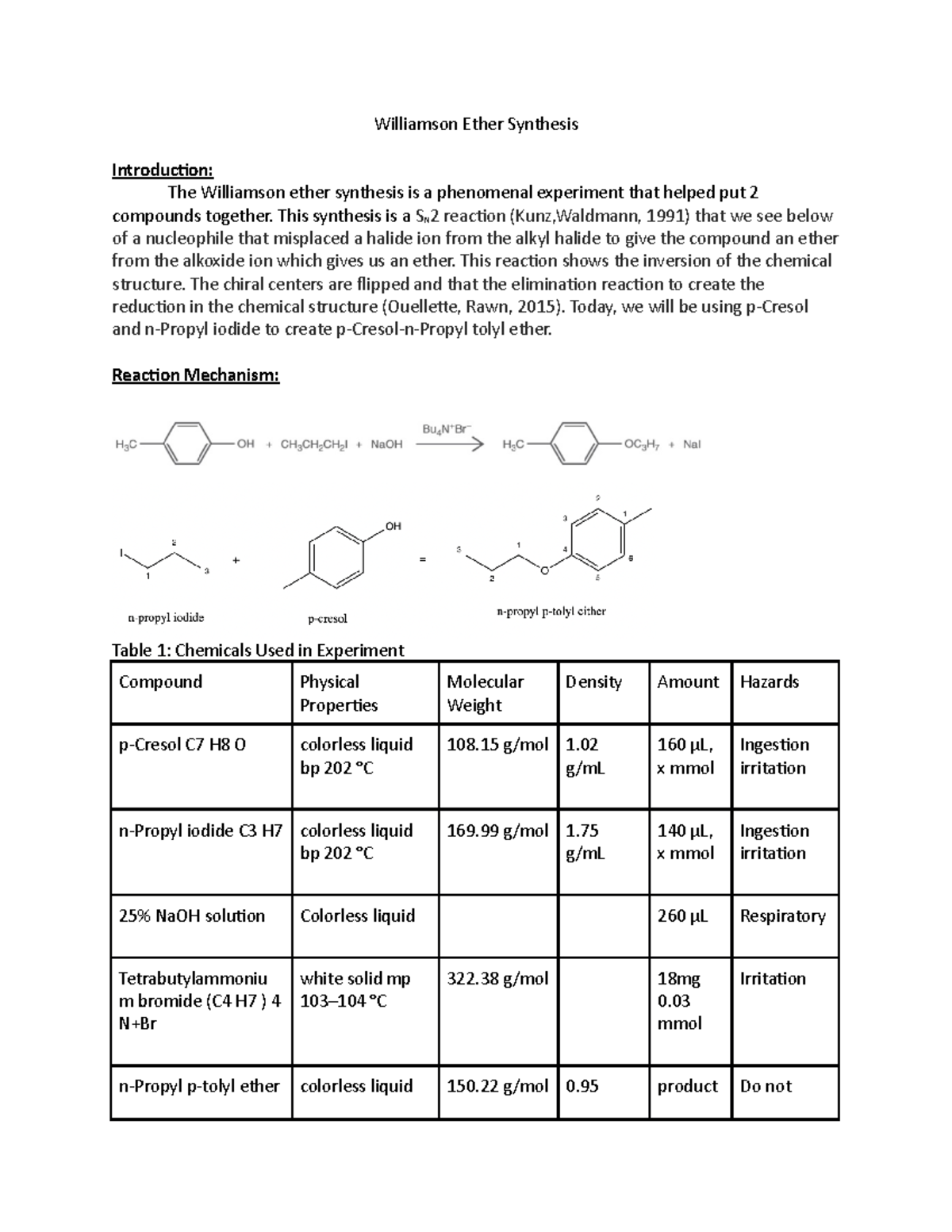 Lab 8 Write upWilliam Ether Synthesis Williamson Ether Synthesis