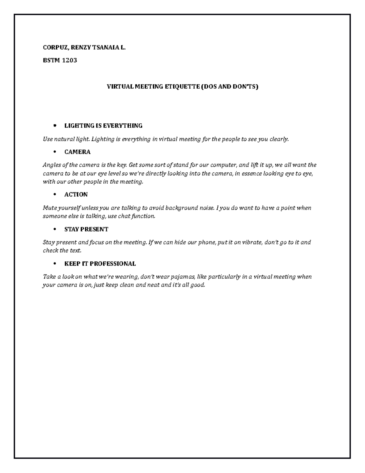 Corpuz Virtual Meeting Etiquette - CORPUZ, RENZY TSANAIA L. BSTM 1203 ...