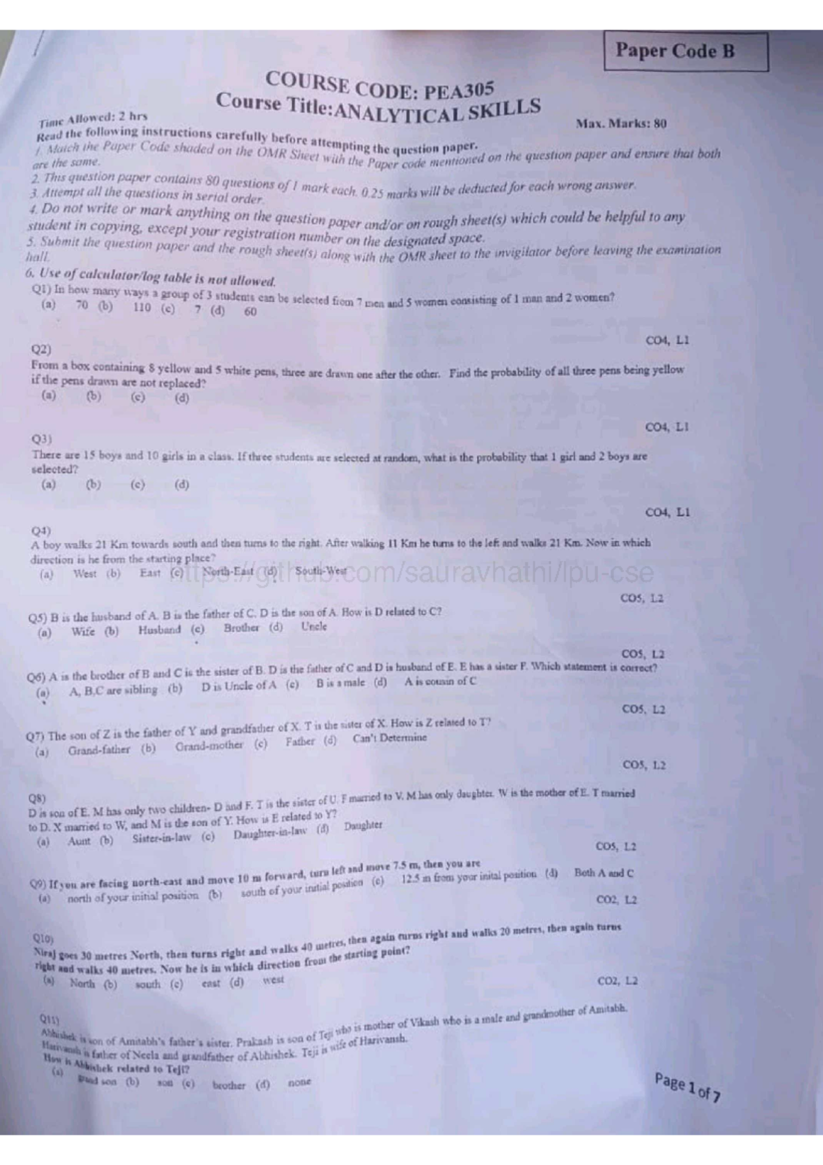 PEA305 ETE 2022 - final ete question paper - Paper Code B COURSE COD ...