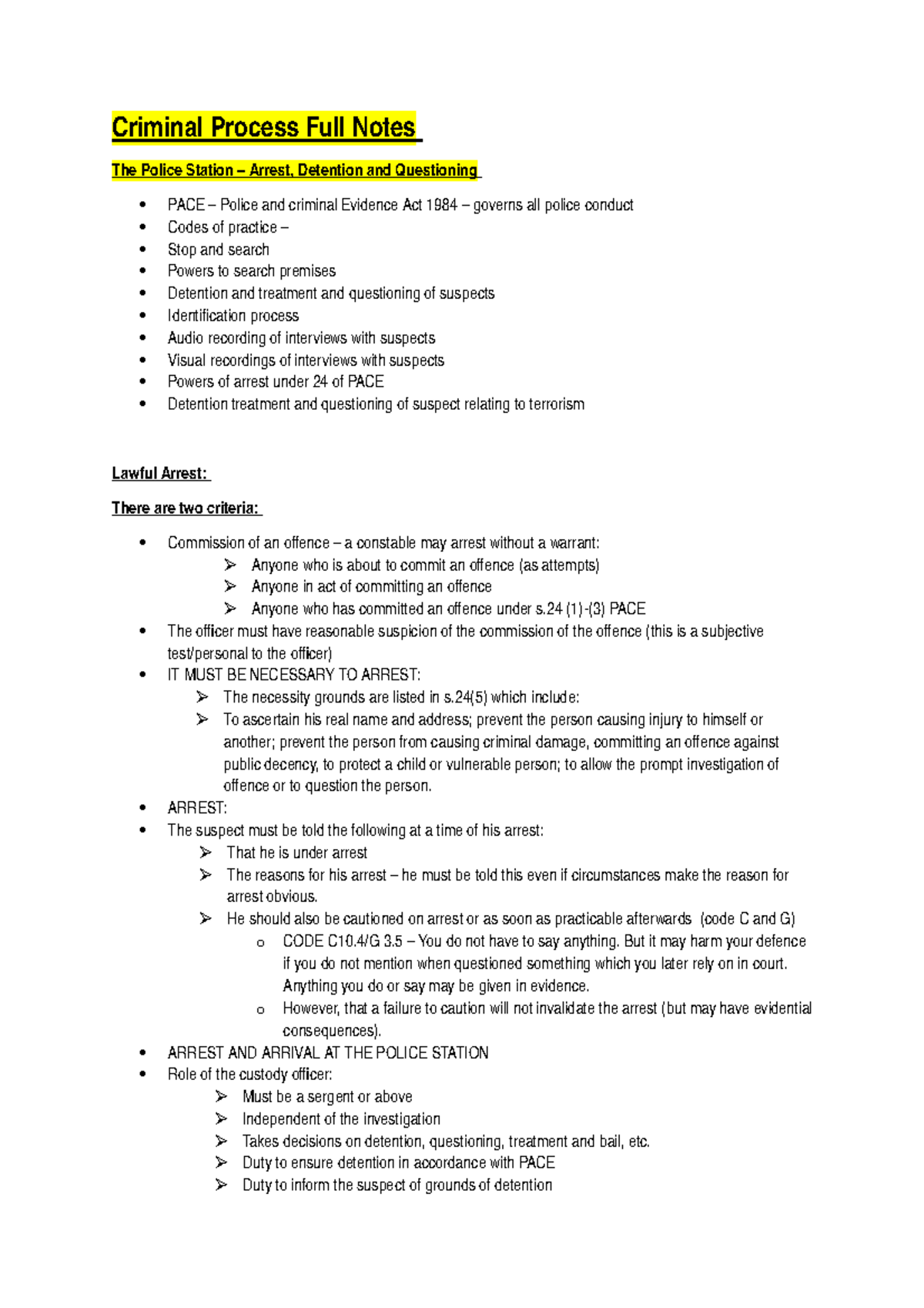 Criminal Process Full notes - Criminal Process Full Notes The Police ...