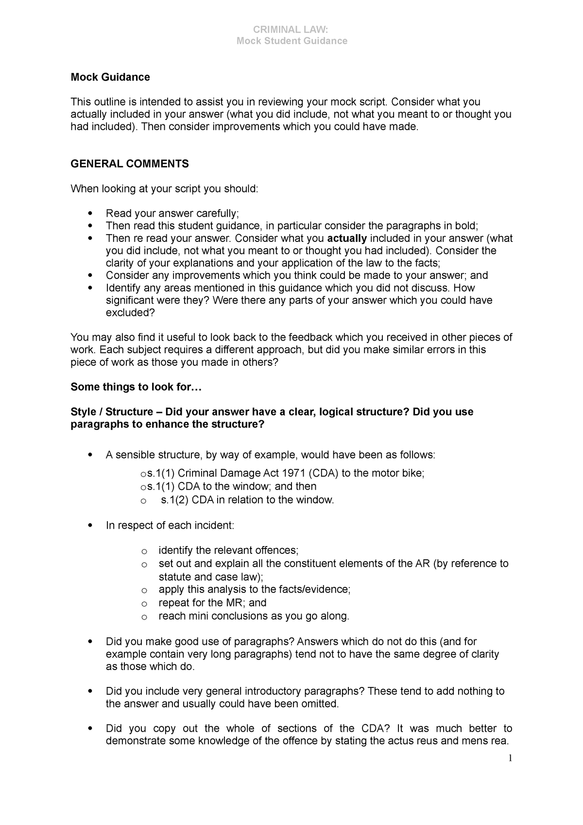 PGDL Criminal Law mock outline answer - Mock Student Guidance Mock ...