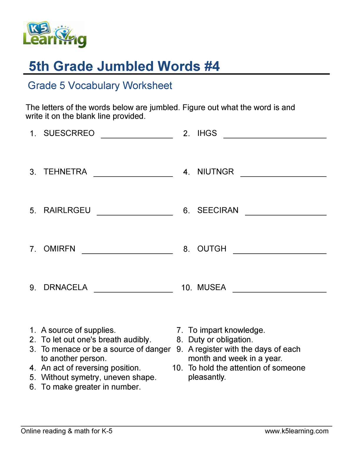 Jumbled Words Worksheets For Grade 5