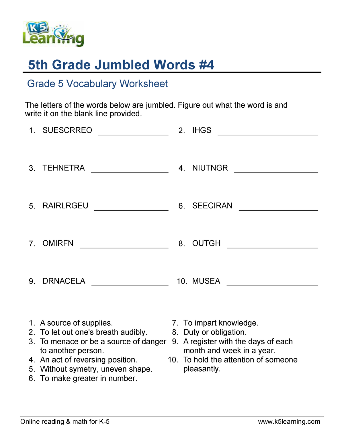 English For 5th Grade Jumbled Words 4 Online Reading Math For K 5 