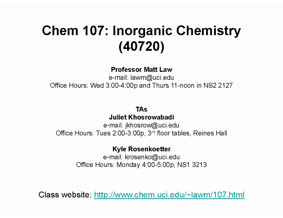 9-25 - Lecture notes 1 - Chem 107: Inorganic Chemistry (40720 ...