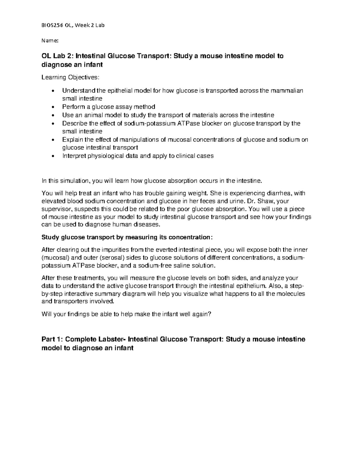 Final LABS BIOS256 Labs Week 2 Lab - Name: OL Lab 2: Intestinal Glucose ...