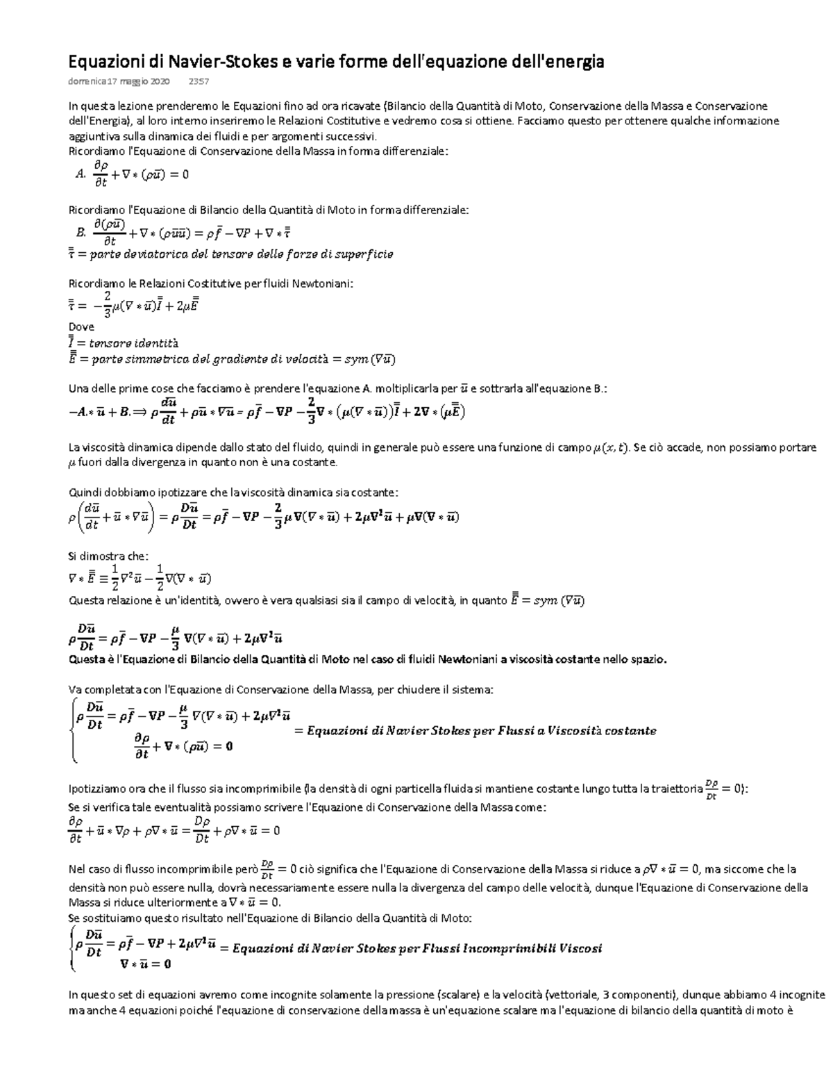 23 Equazioni di NavierStokes e varie forme dell'equazione dell