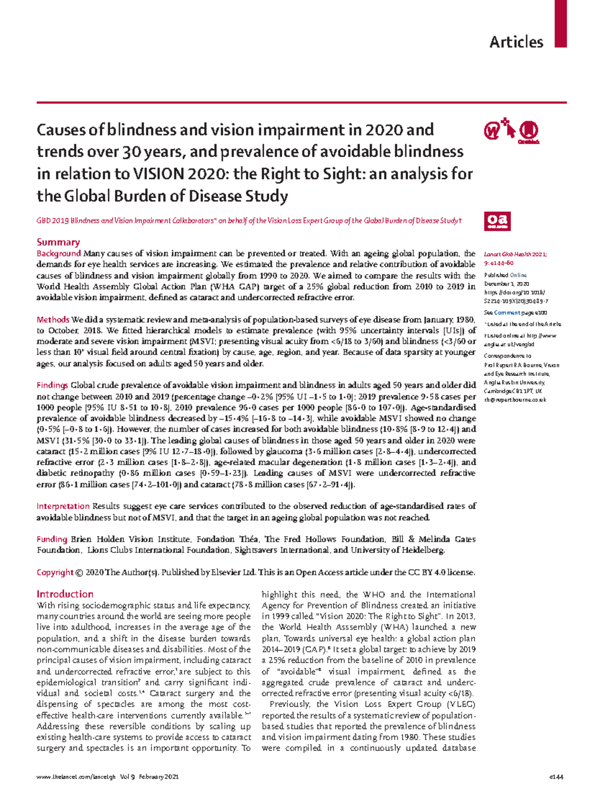 Causes of blindness and vision impairment in 2020 thelancet/lancetgh
