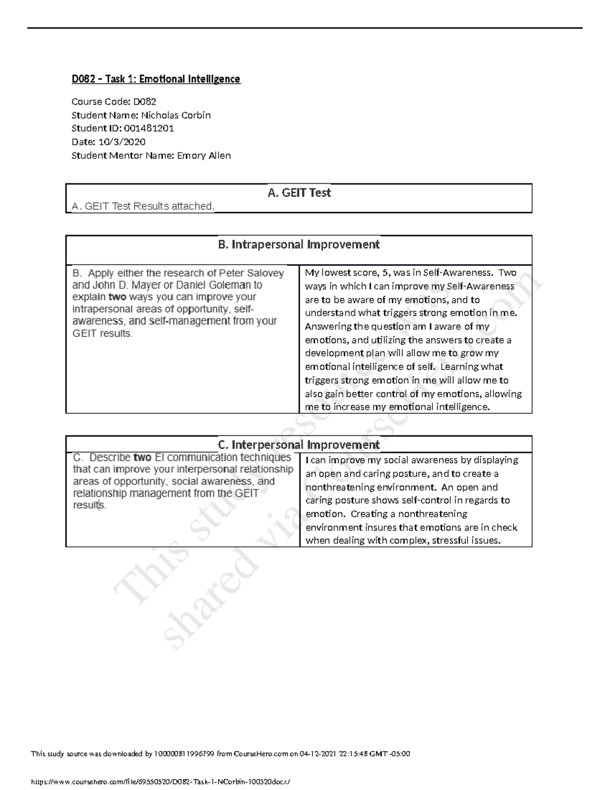 D082 Task 1 - Emotional And Cultural Intelligence - D082 Task 1 ...