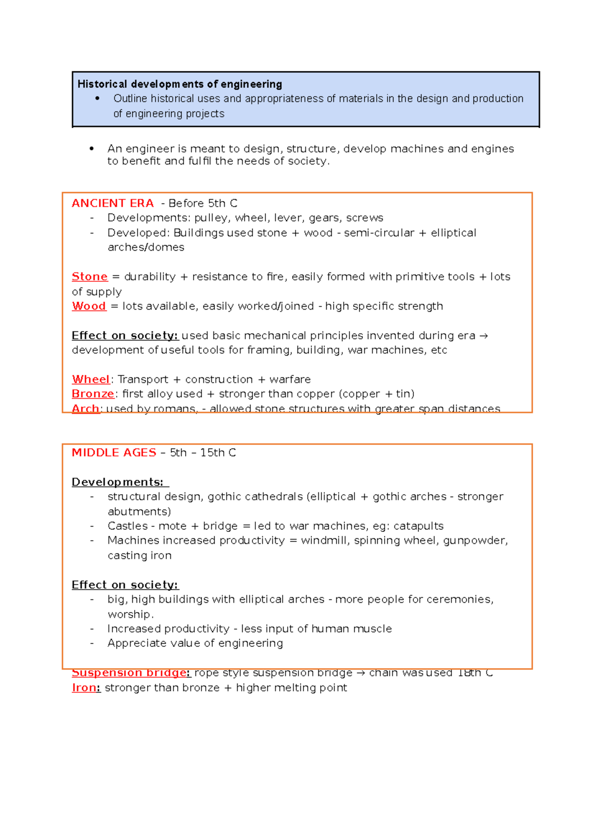 Engineering Notes Historical developments of engineering Outline