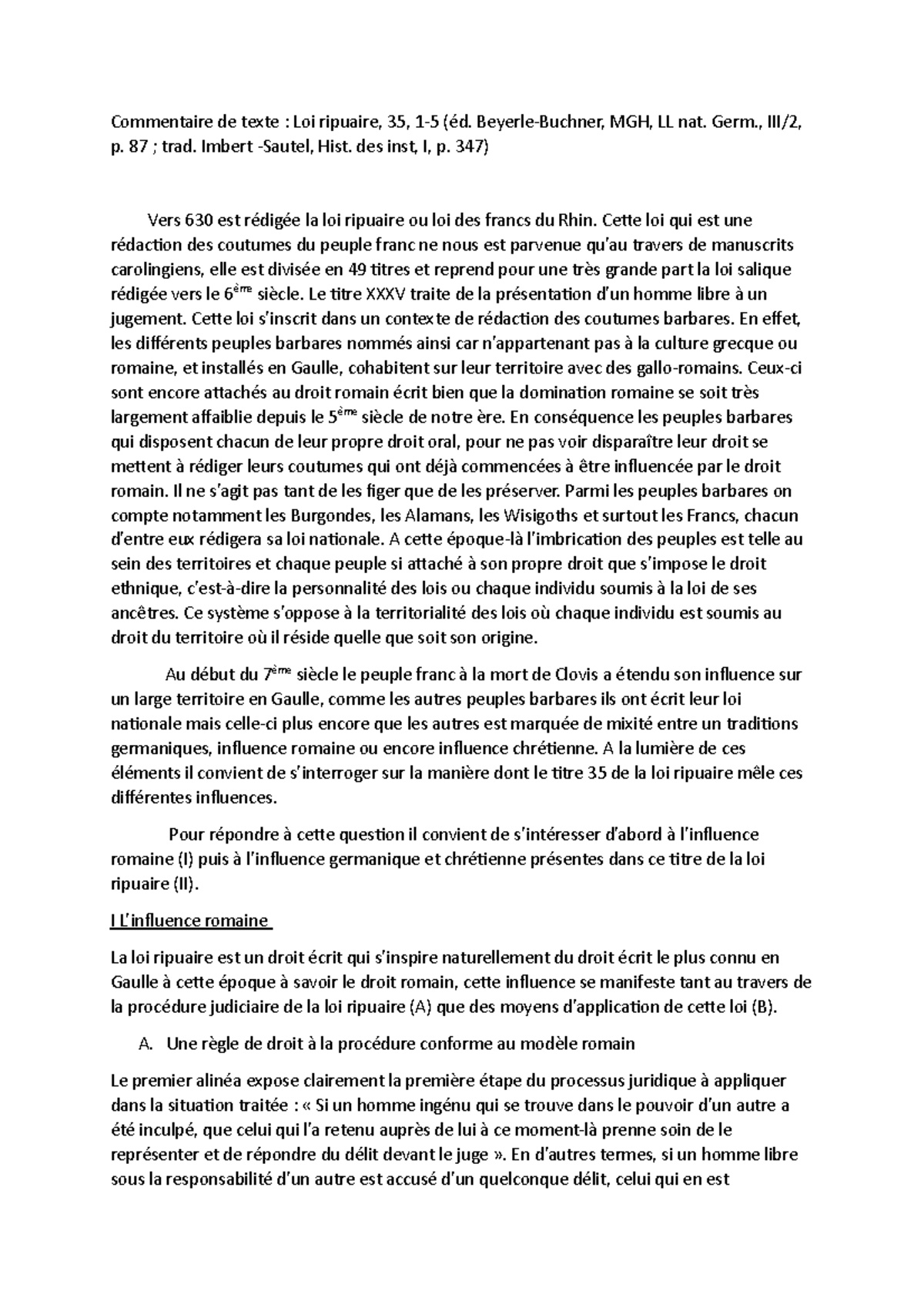 Loi ripuaire - Note: 12 - Commentaire de texte : Loi ripuaire, 35, 1-5 ...