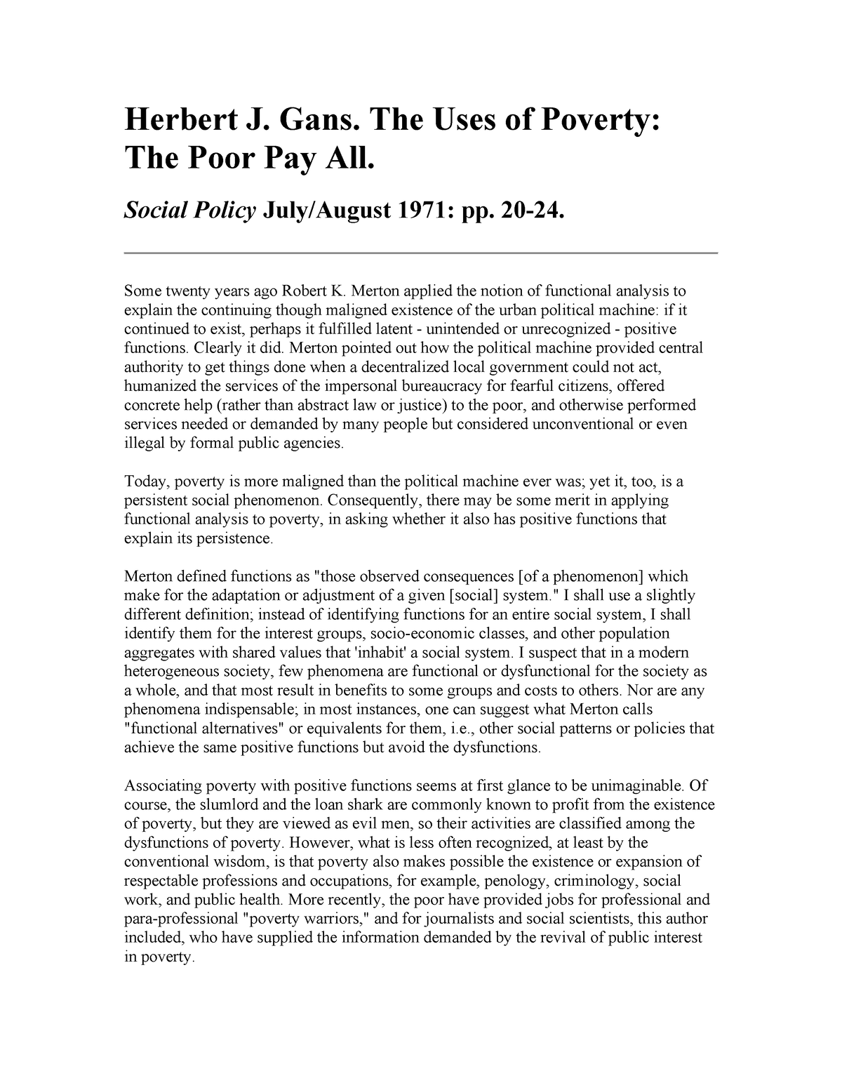 The Uses of Poverty copy - Herbert J. Gans. The Uses of Poverty: The ...