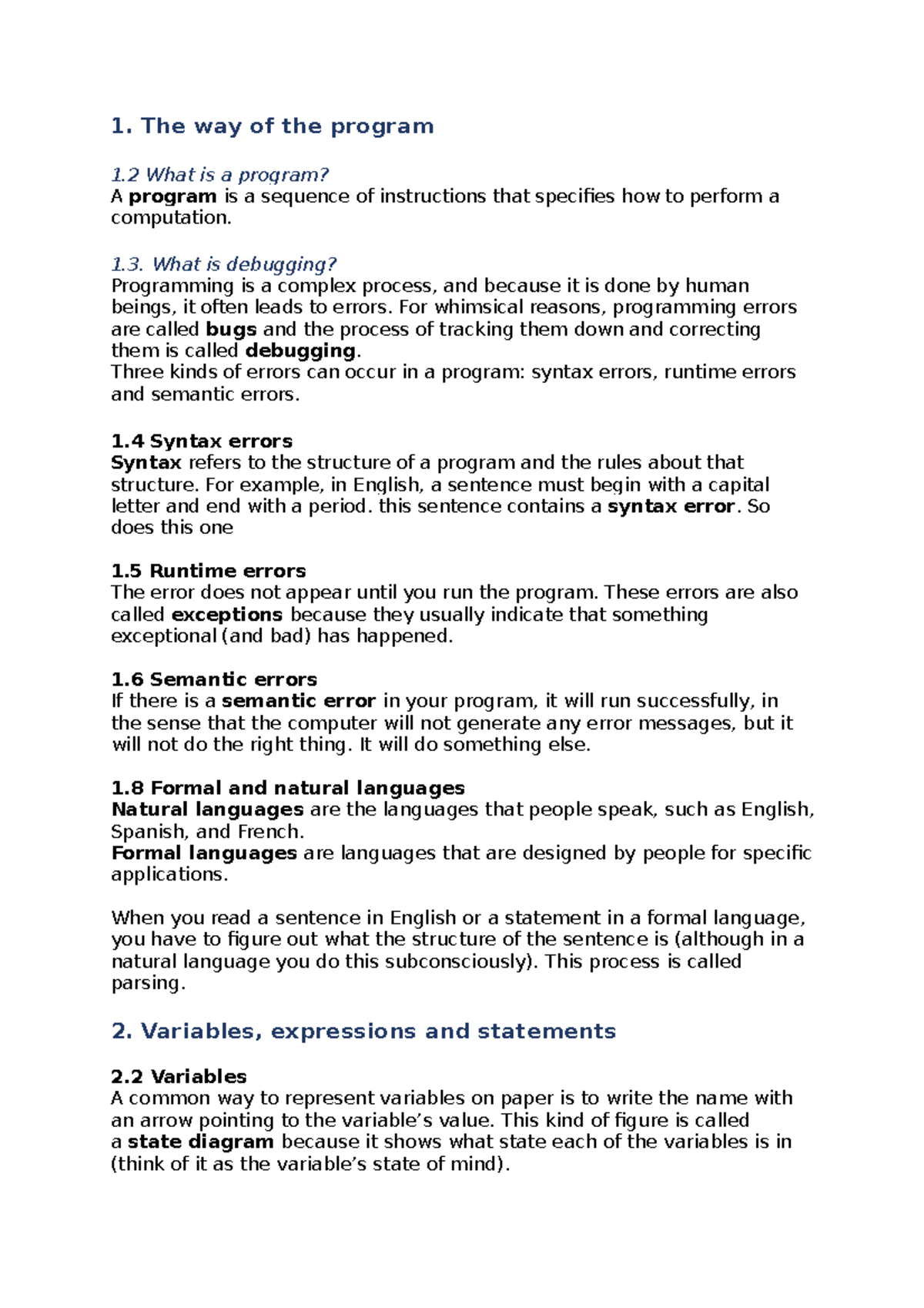 Python samenvatting - 1. The way of the program 1 What is a program? A ...