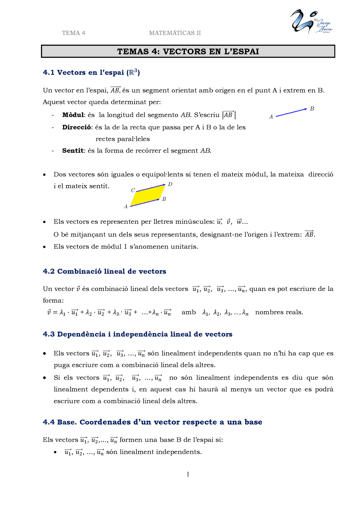 TEMA 4 Vectores En El Espacio - TEMAS 4: VECTORS EN L’ESPAI 4 Vectors ...