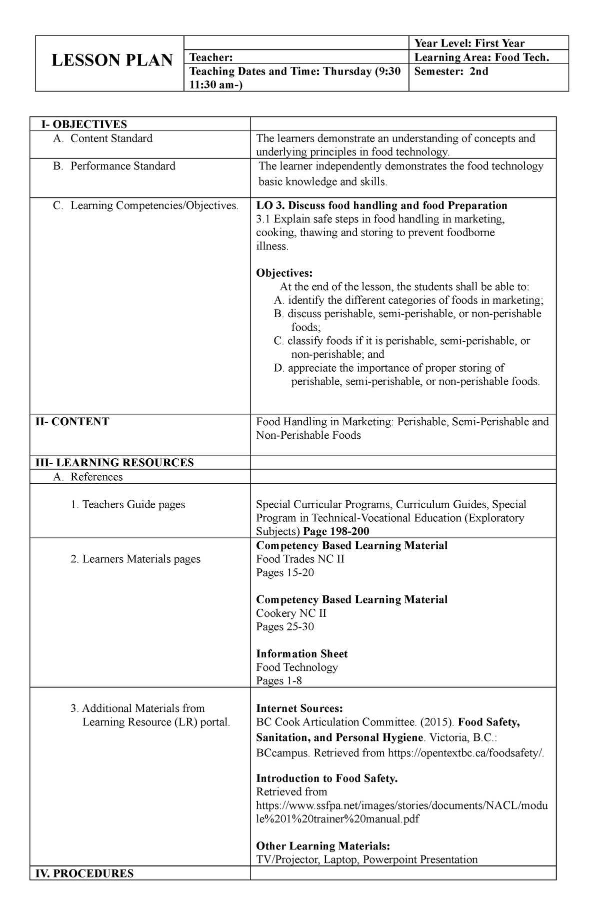 Lesson PLAN Food TEch 7 UA - LESSON PLAN Year Level: First Year Teacher ...