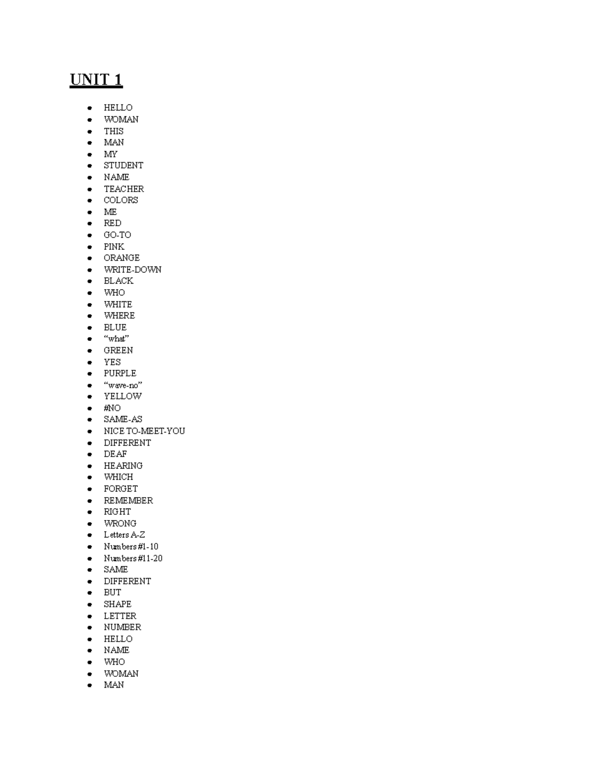 American sign language vocabulary words unit 1-5 - UNIT 1 HELLO WOMAN ...