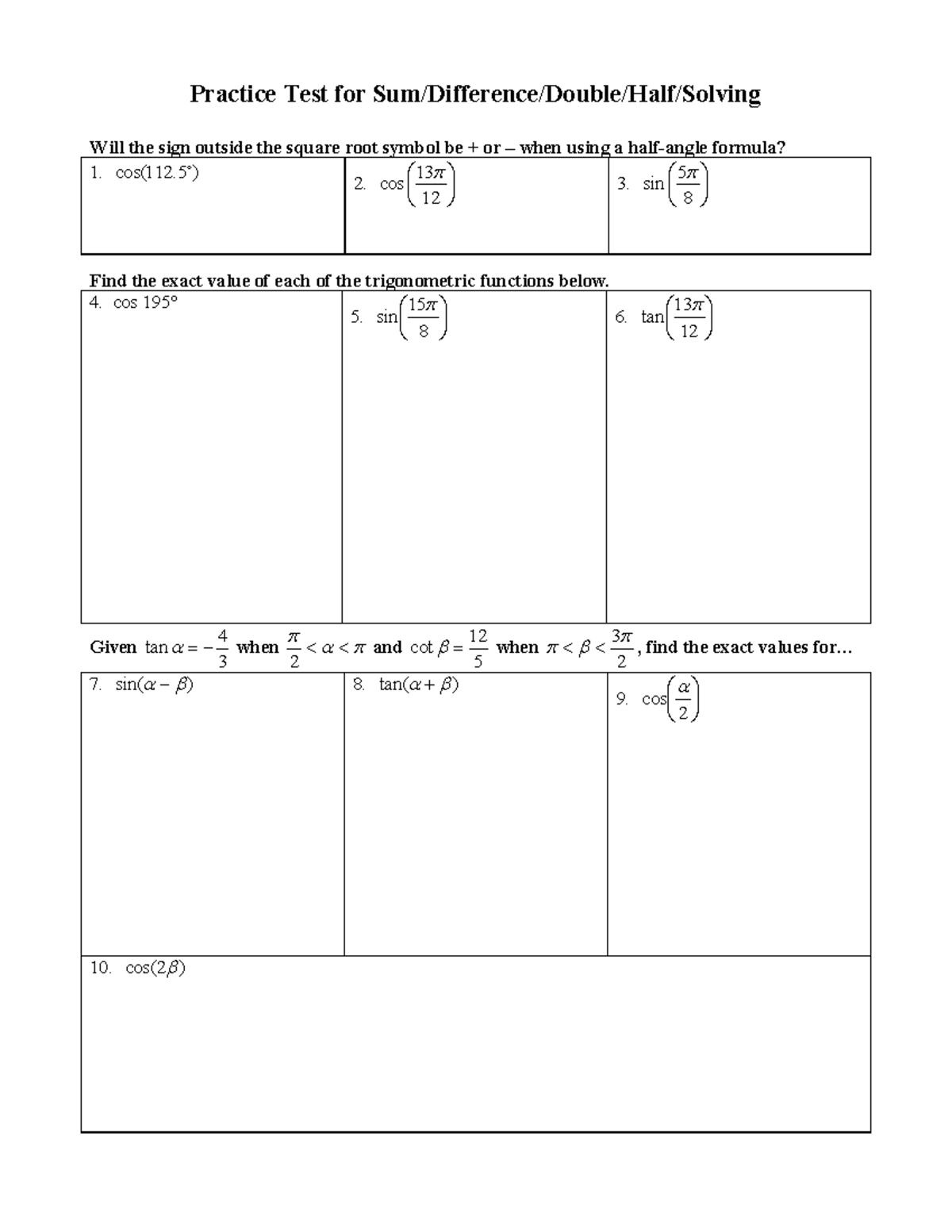 HWPractice Testforsumdiffdoublehalfsolving - Practice Test for Sum ...