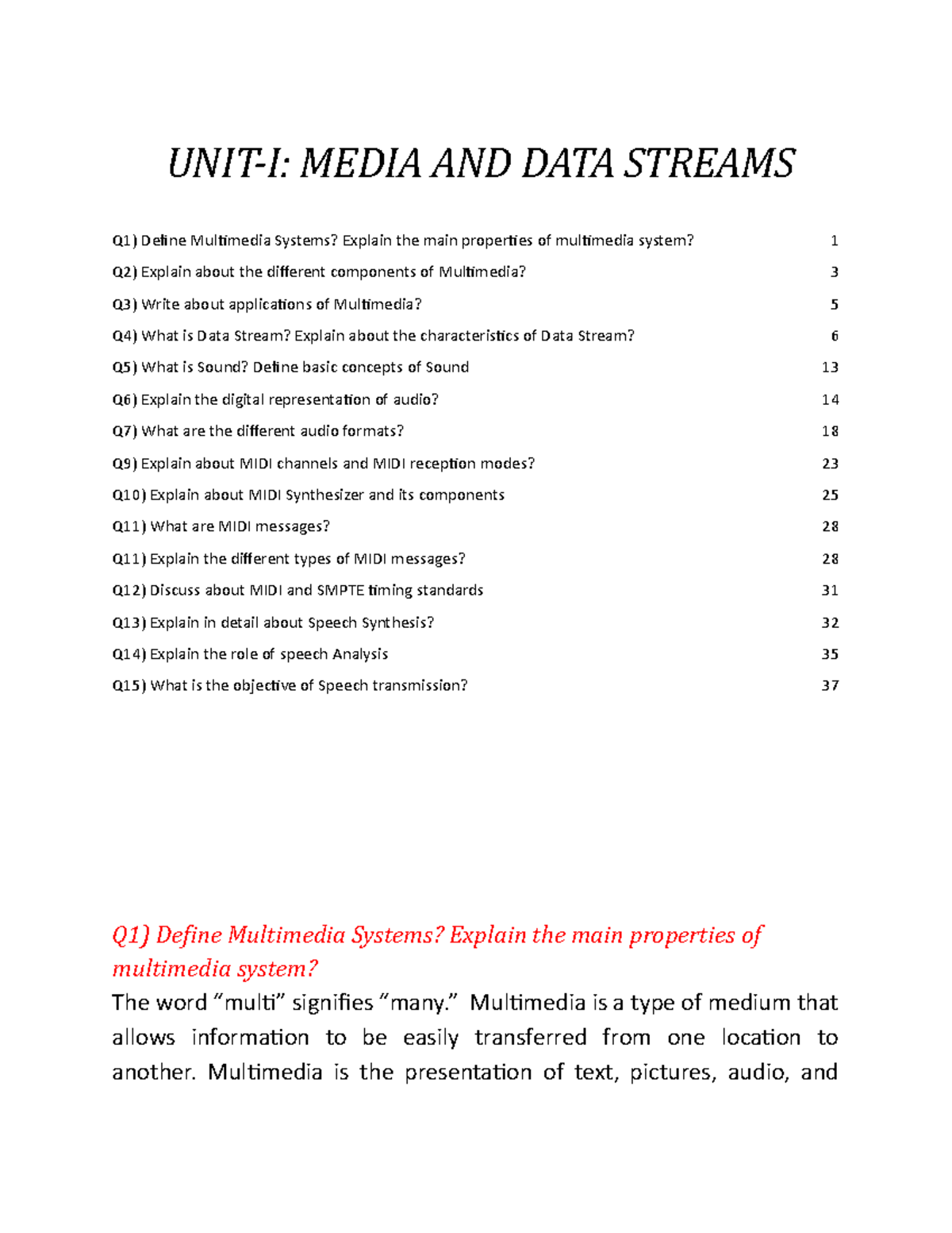 Multimedia Systems Unit 1 UNITI MEDIA AND DATA STREAMS Q1) Define