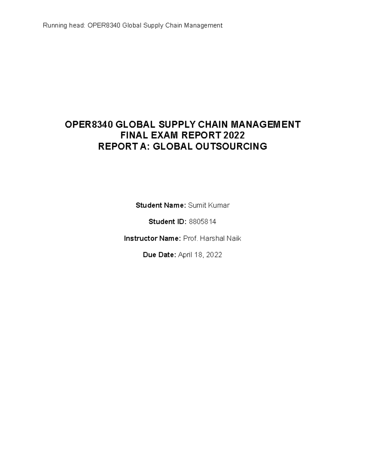 Supply chain final exam Running head OPER8340 Global Supply Chain