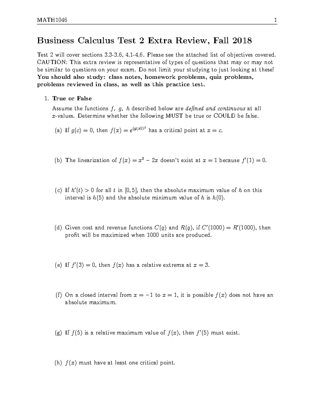 Test2Extra Review FS 2018 - Business Calculus Test 2 Extra Review, Fall ...