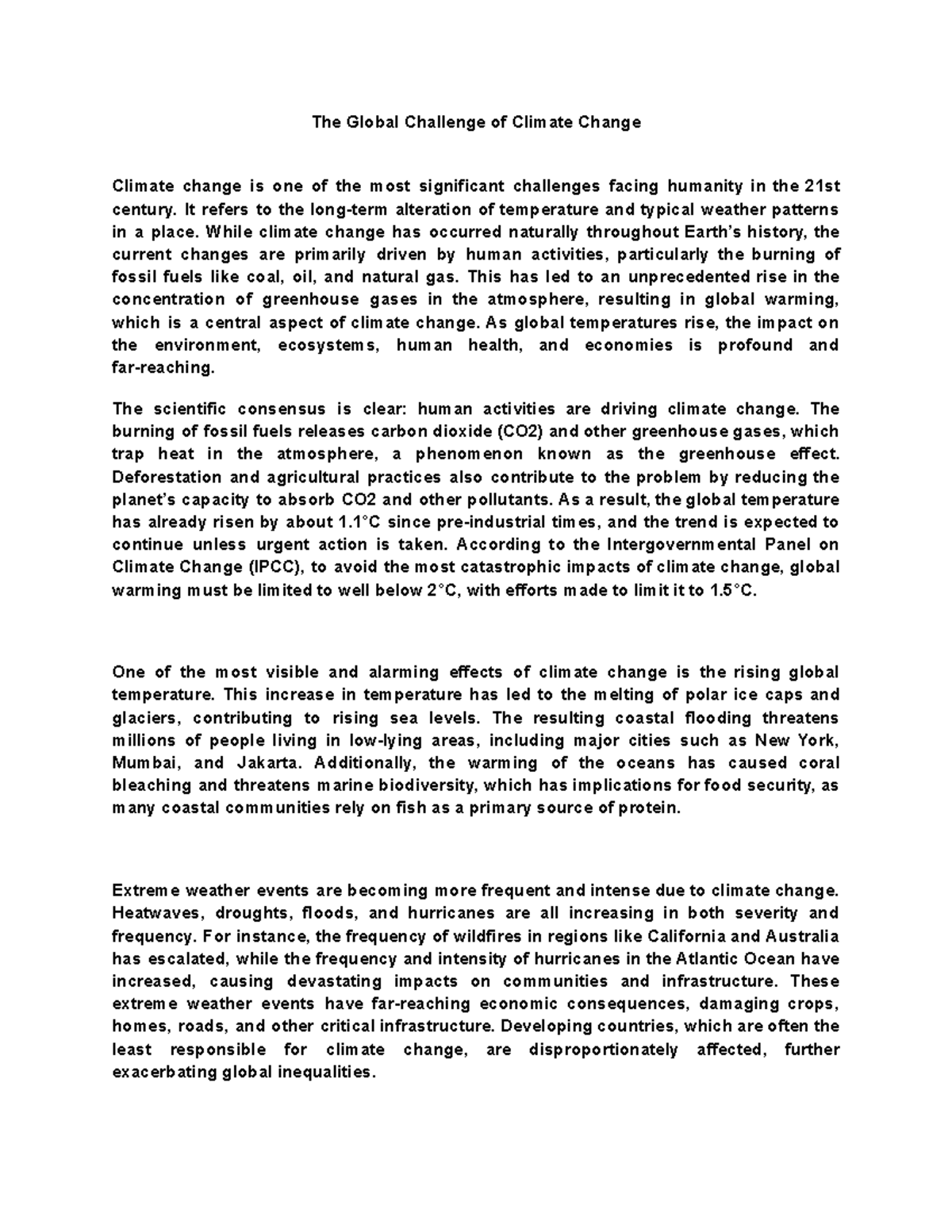 Climate Change Essay - It was a good to help - The Global Challenge of ...