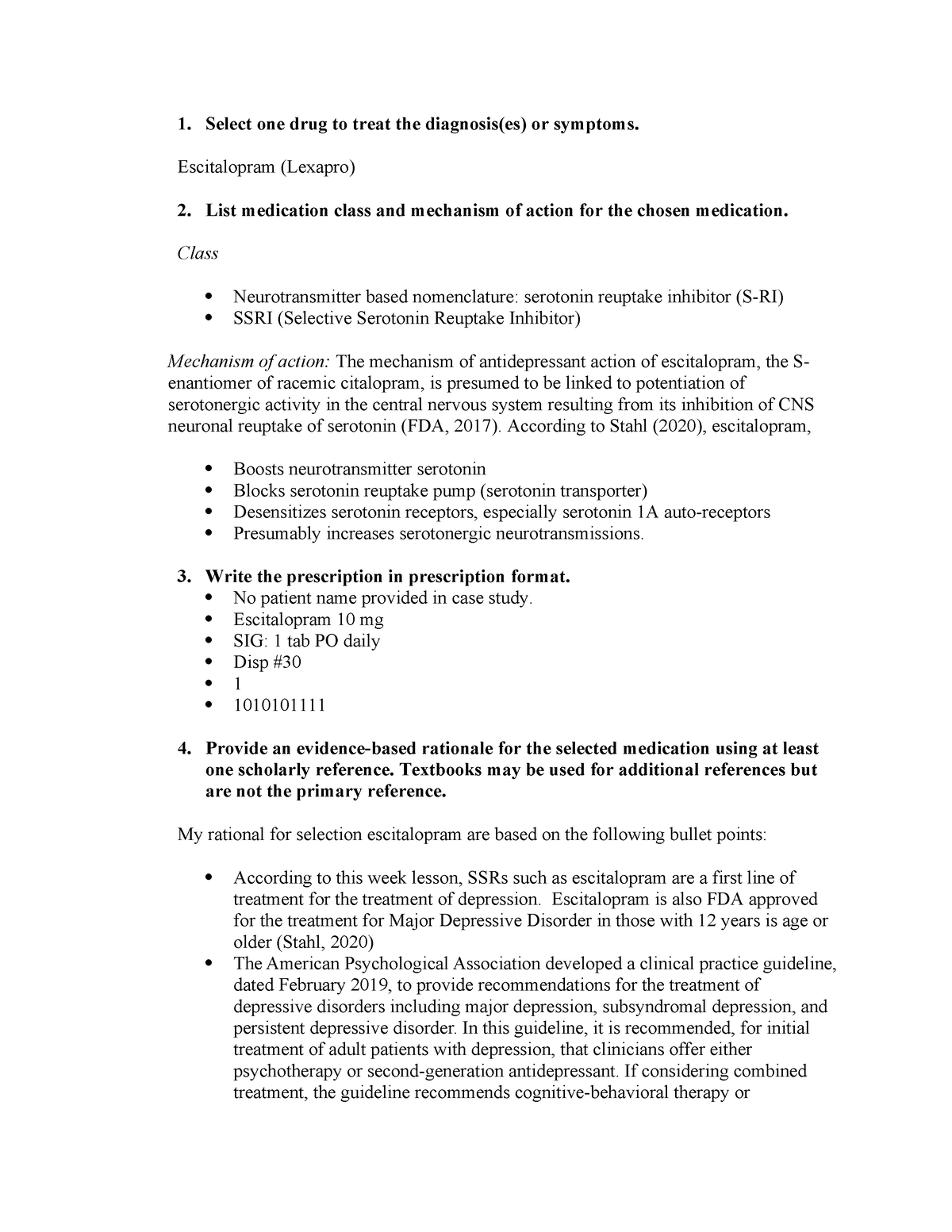 Case Study Week 5 - School Work - Select One Drug To Treat The 