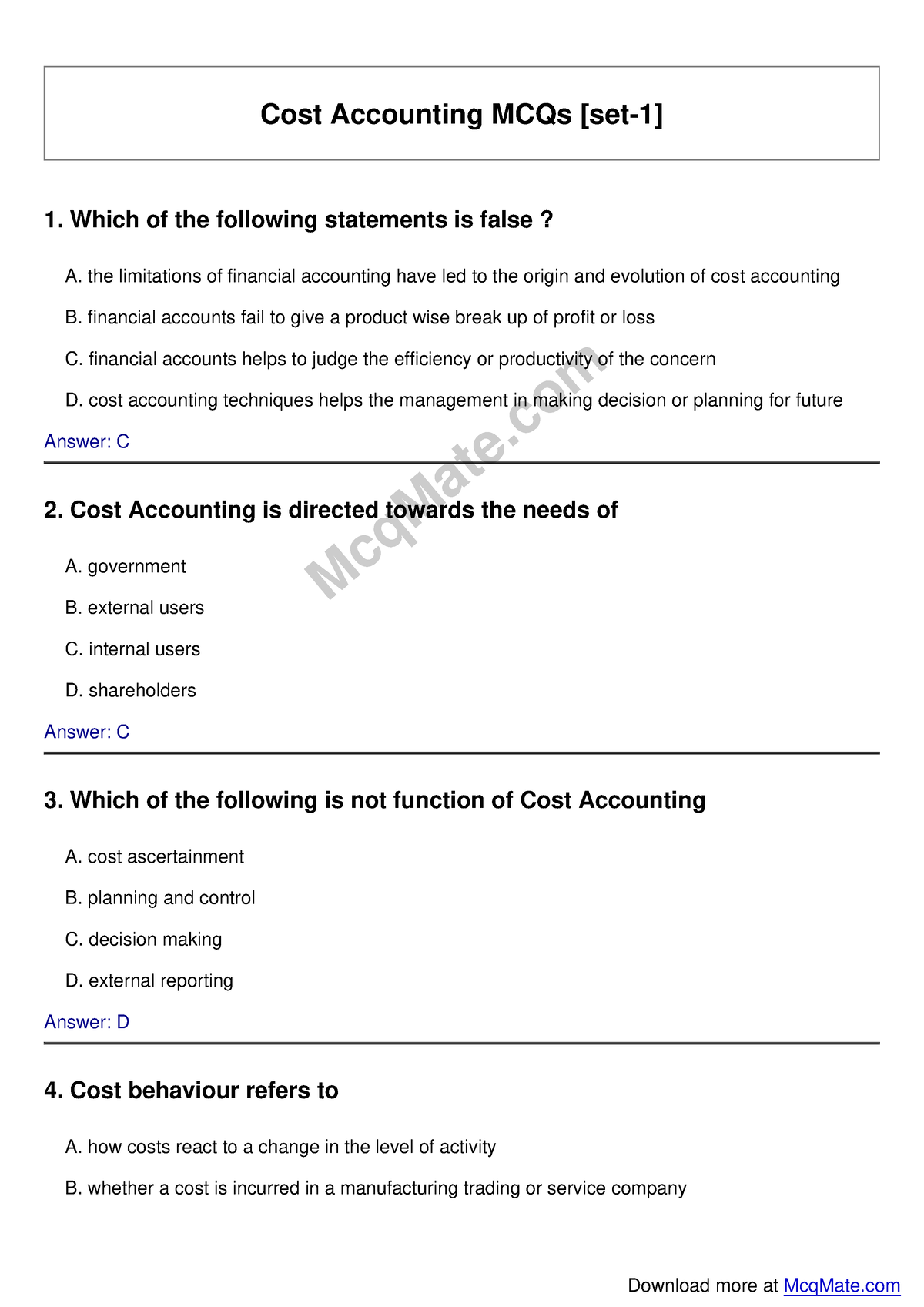 Cost-accounting Solved MCQs [set-1] Mcq Mate - Cost Accounting MCQs ...