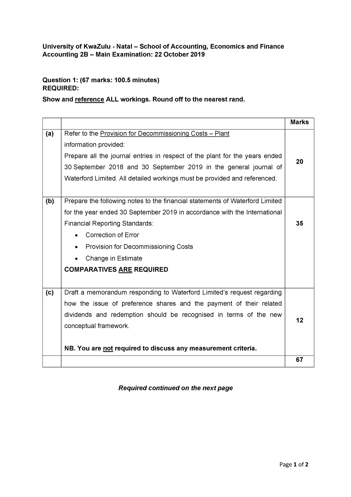 2019 Exam Required - Page 1 of 2 University of KwaZulu - Natal – School ...