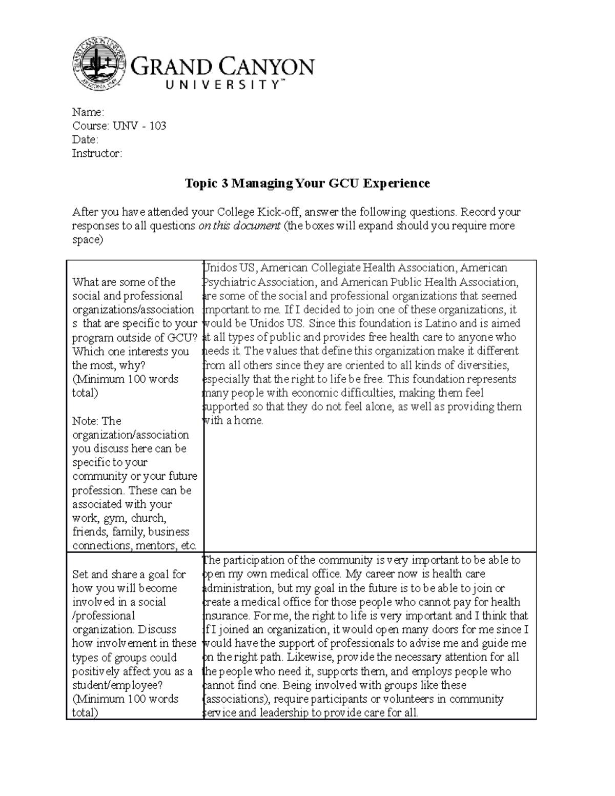 Unv 103 Rs T3 Your Gcuexperience To Name Course Unv 103 Date