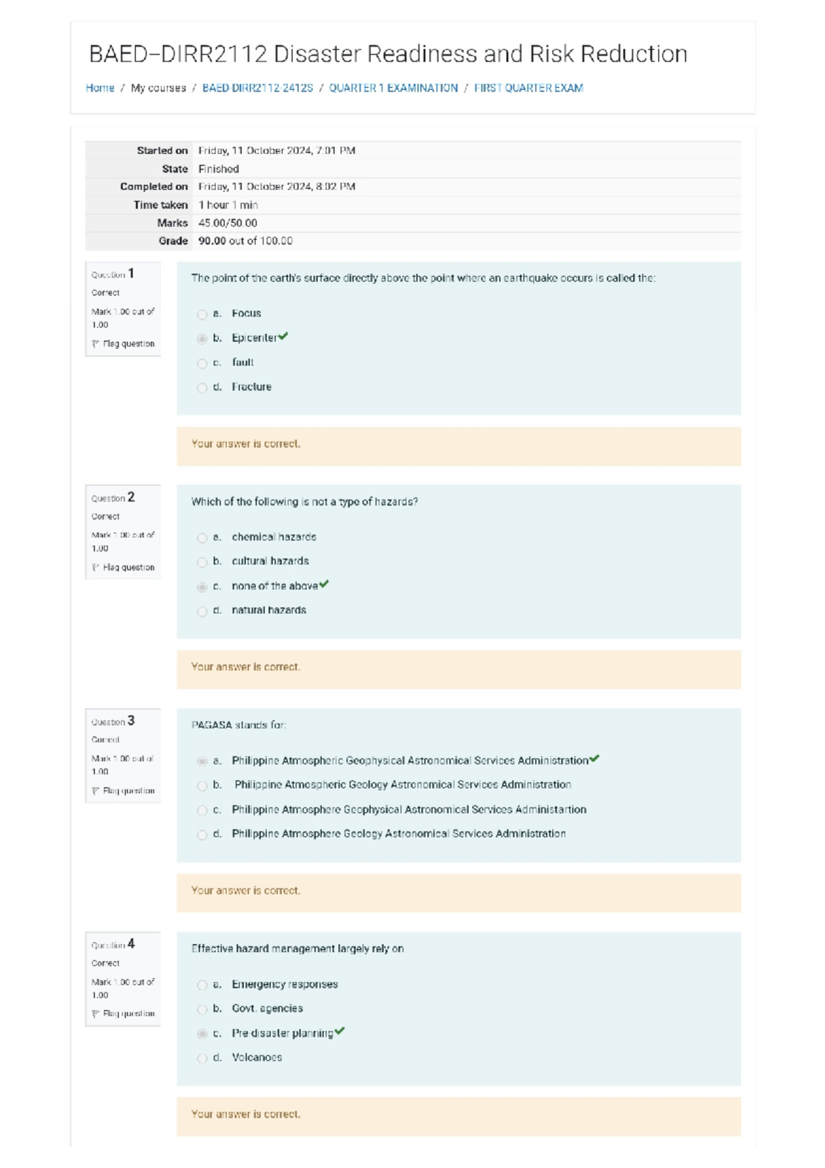 DIRR2112 1ST Quarter EXAM Disaster Readiness and Risk Reduction Home