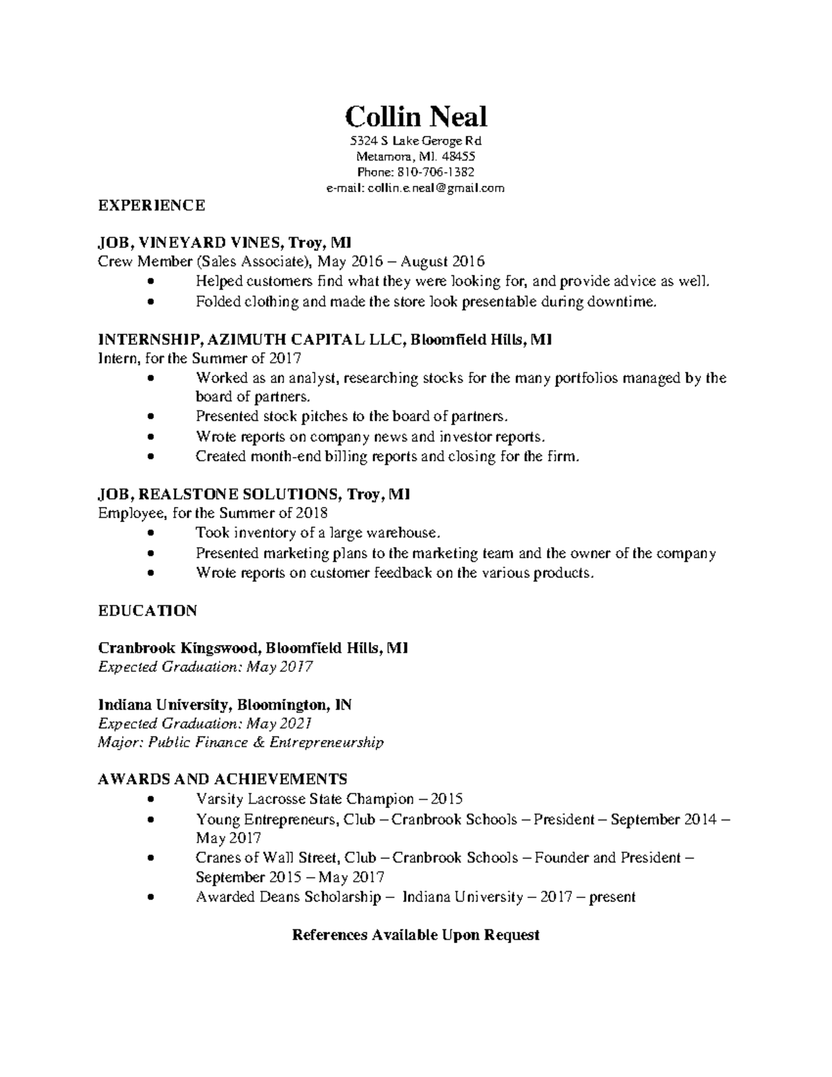 Resume, Job Desc., & Cover Letter - Collin Neal 5324 S Lake Geroge Rd ...