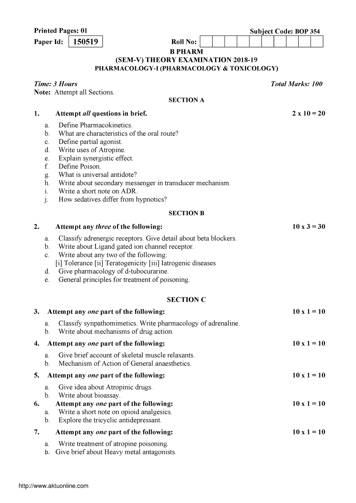 Bpharm 5 Sem Pharmacology 1 Pharmacology And Toxicology Bop354 2019 ...