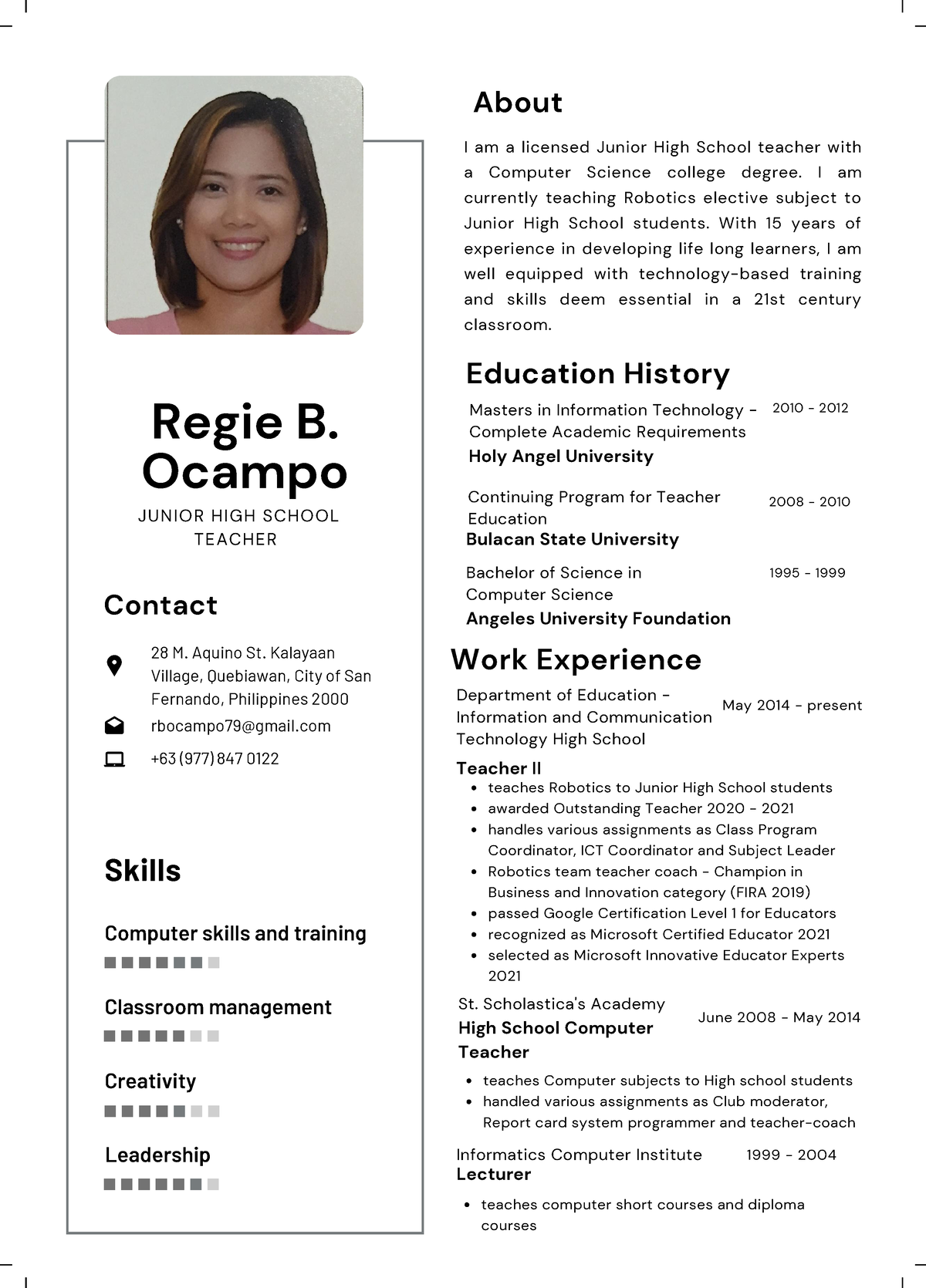 Regie-B - this is a sample resume for teachers - Regie B. Ocampo About ...