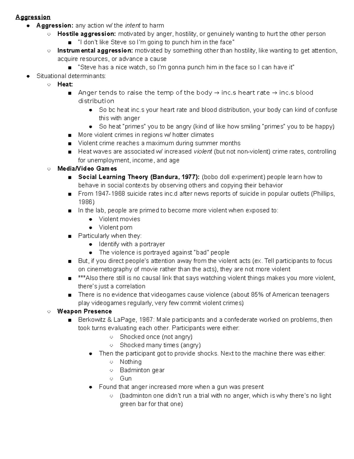Week 13 - Lecture notes 13 - Aggression Aggression: any action w/ the ...