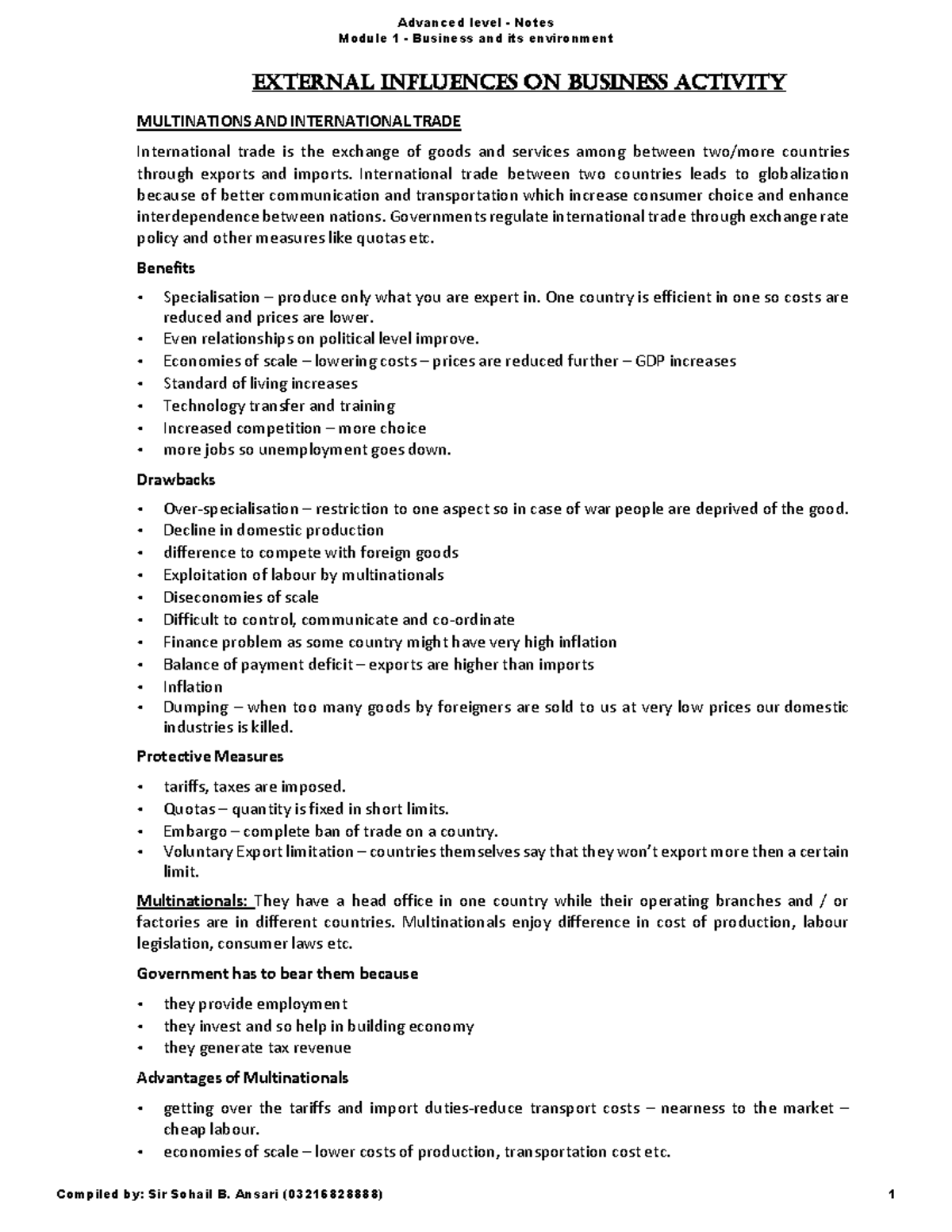 Module 1 - A2 - Notes - EXTERNAL INFLUENCES ON BUSINESS ACTIVITY ...