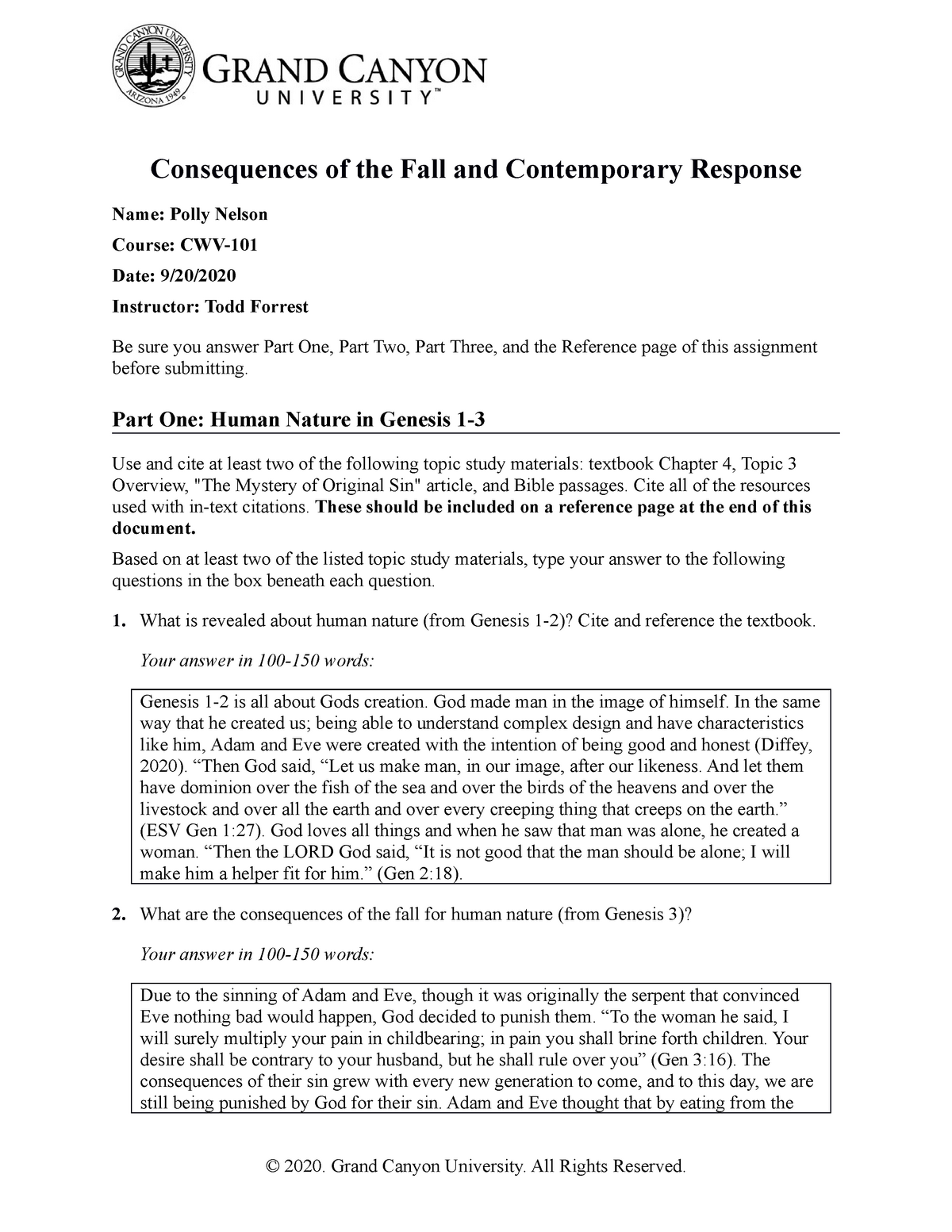 Cwv 101 T3 Consequences Of The Fall Contemporary Response Worksheet 100 Studocu