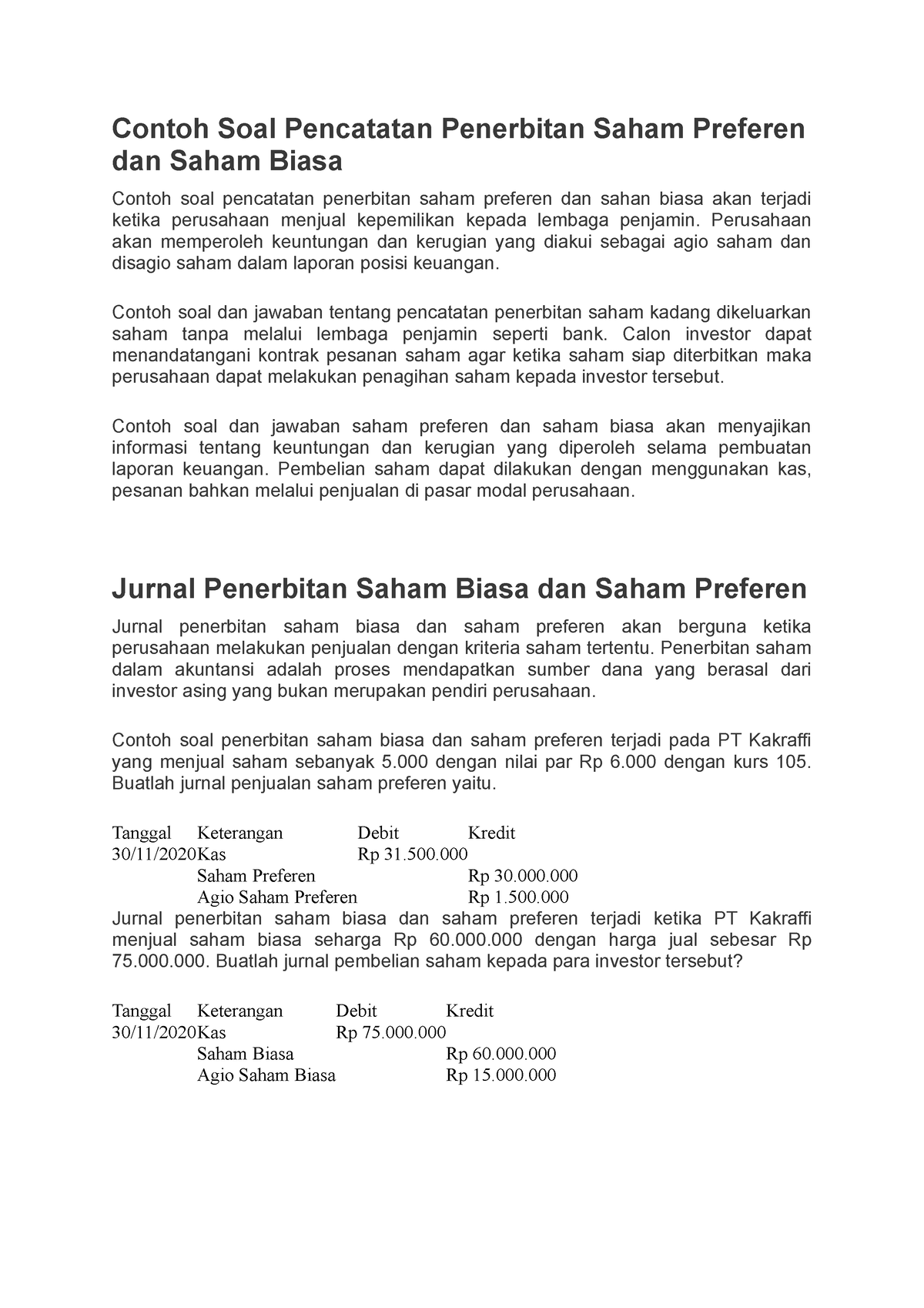 Contoh Soal Pencatatan Penerbitan Saham Preferen Dan Saham Biasa ...