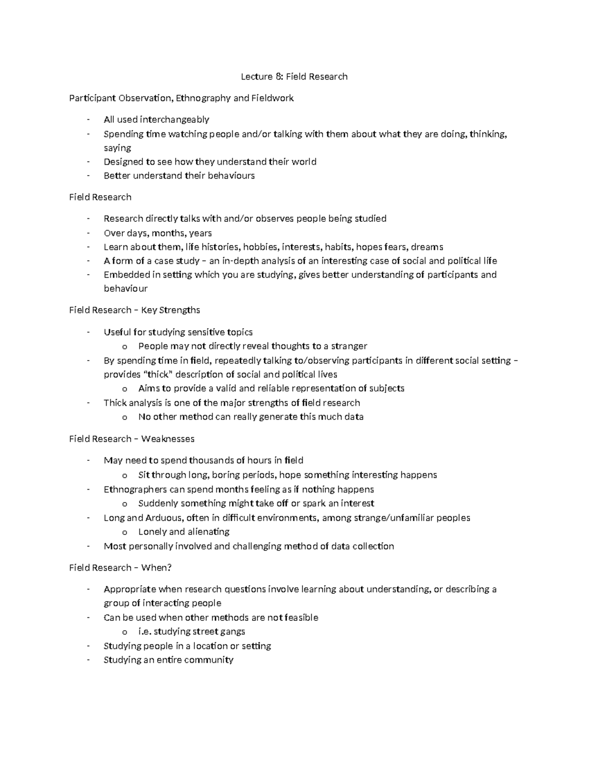 Lecture 8 - Lecture 8: Field Research Participant Observation ...