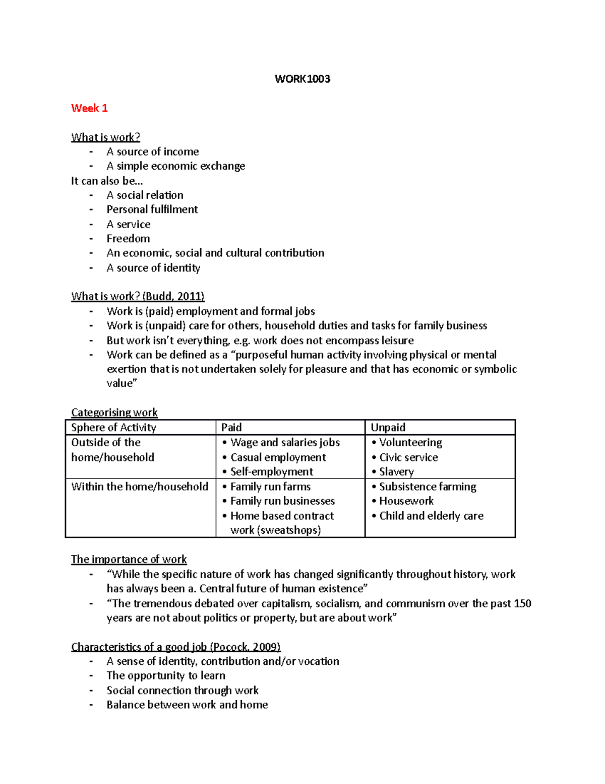 WORK1003 - Lecture notes 1-13 - WORK Week 1 What is work? - A source of ...